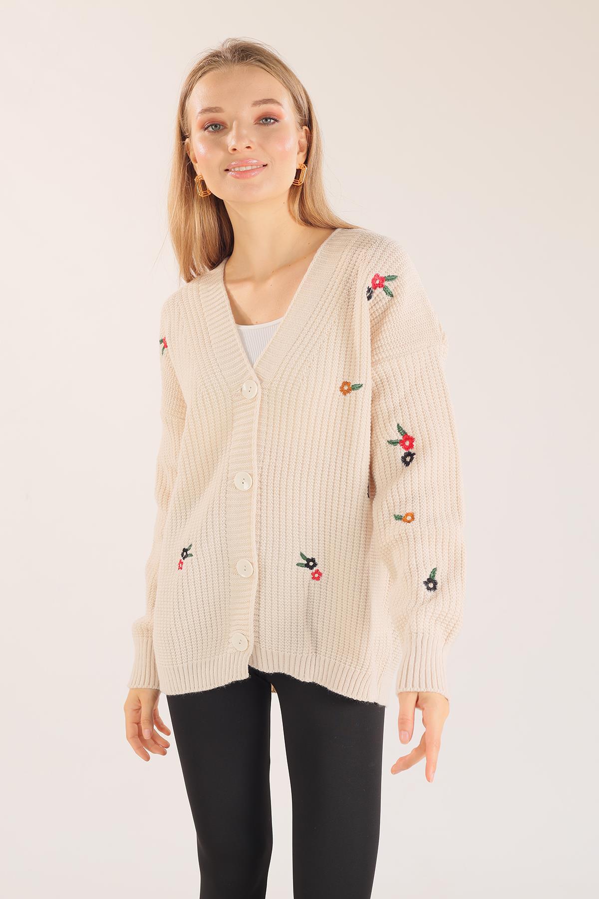 Krem Çiçek Nakışlı Hırka 383 - 3