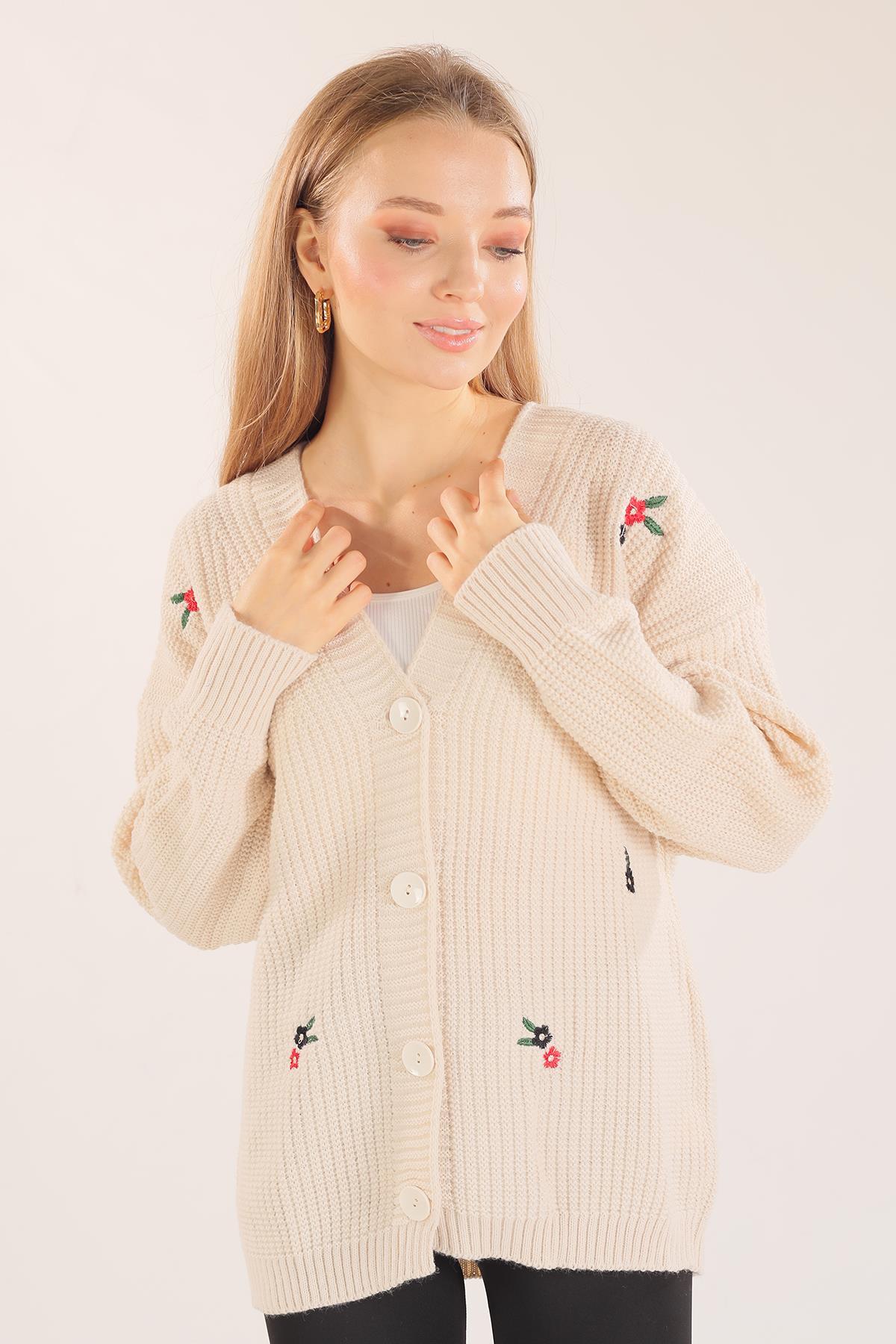 Krem Çiçek Nakışlı Hırka 383 - 5