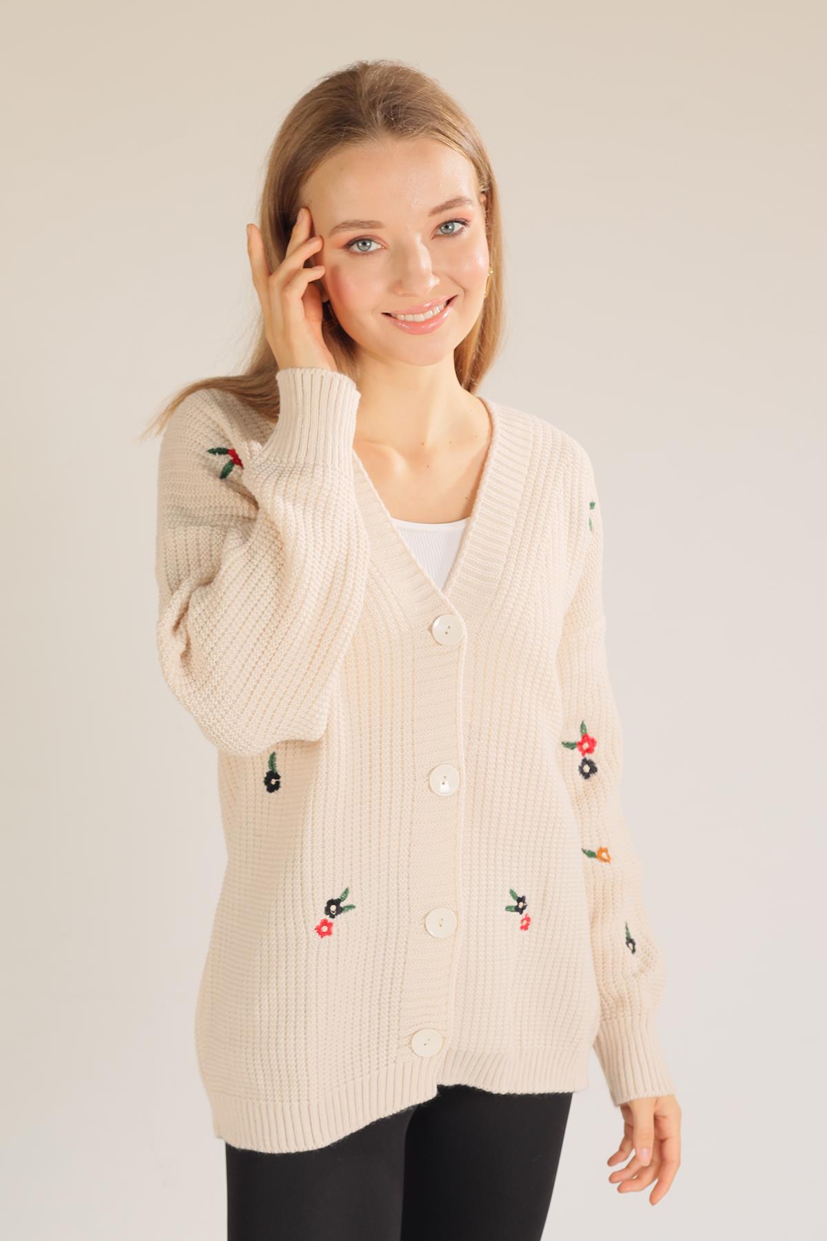 Krem Çiçek Nakışlı Hırka 383 - 6