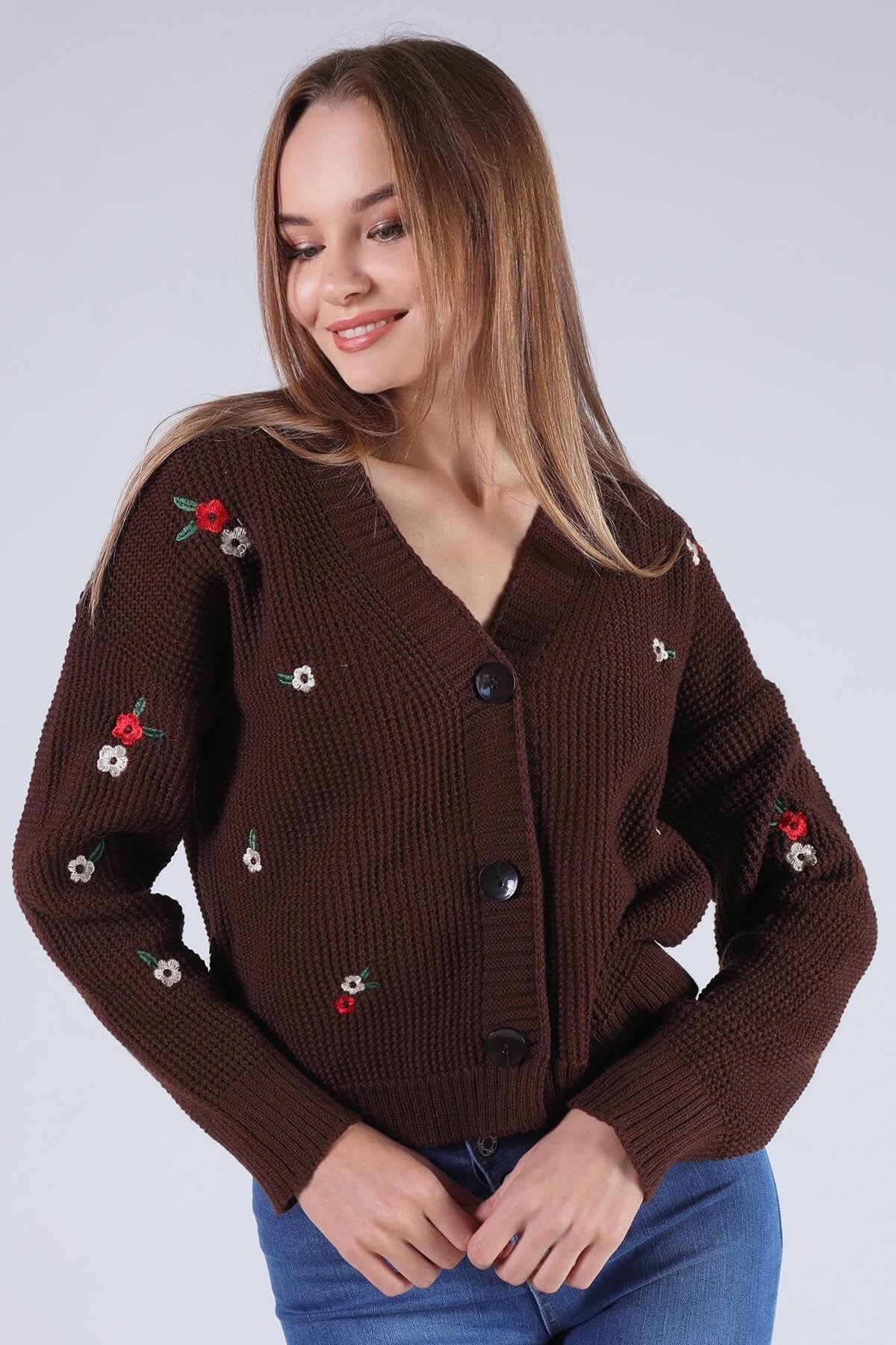 384 Çiçekli Kısa Hırka Acı Kahve 