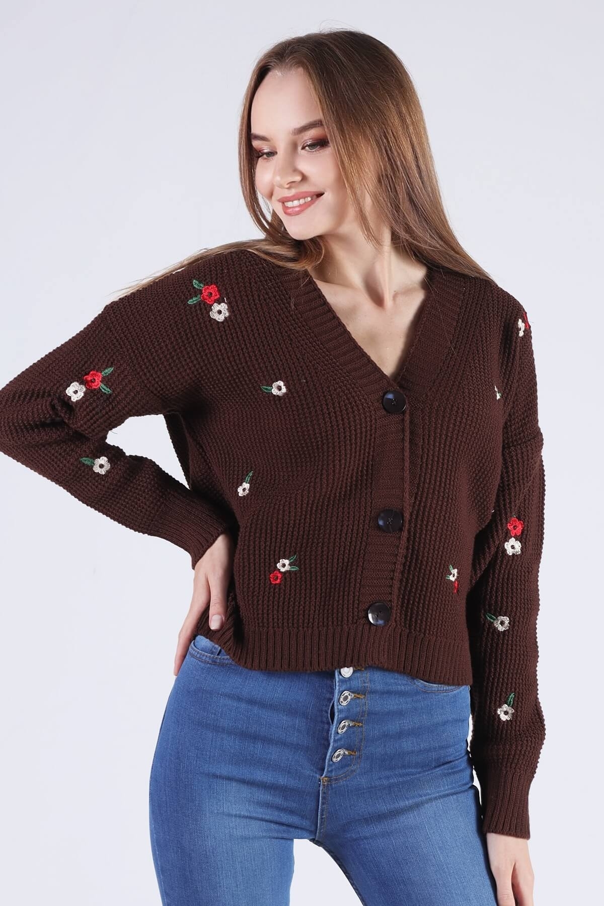 384 Çiçekli Kısa Hırka Acı Kahve - 4