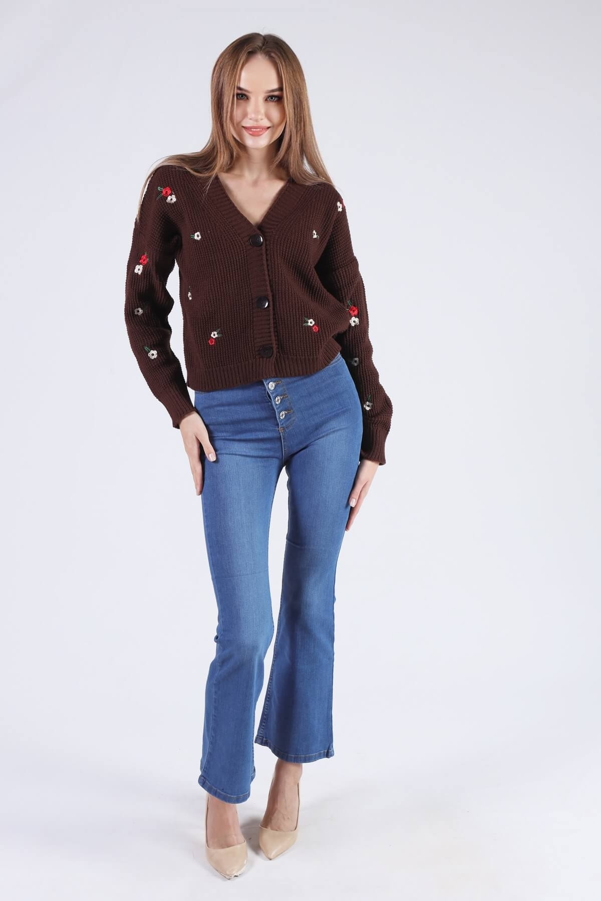 384 Çiçekli Kısa Hırka Acı Kahve - 2