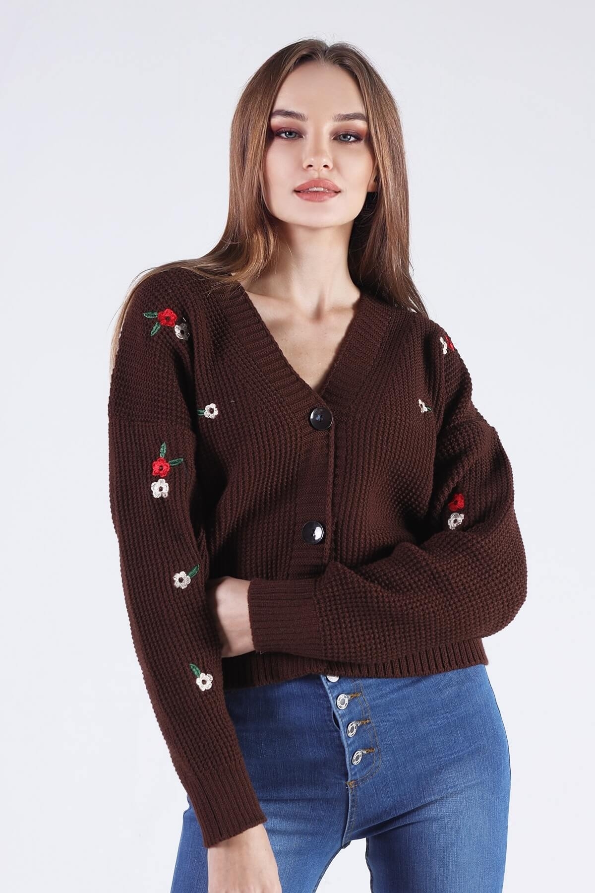 Acı Kahve Çiçekli Kısa Hırka 384 - 5