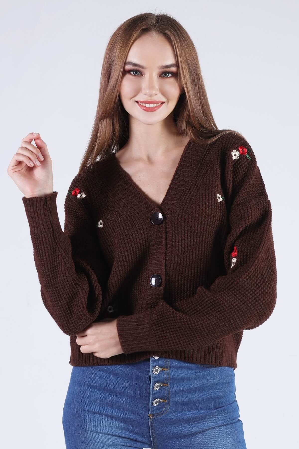 Acı Kahve Çiçekli Kısa Hırka 384 - 6