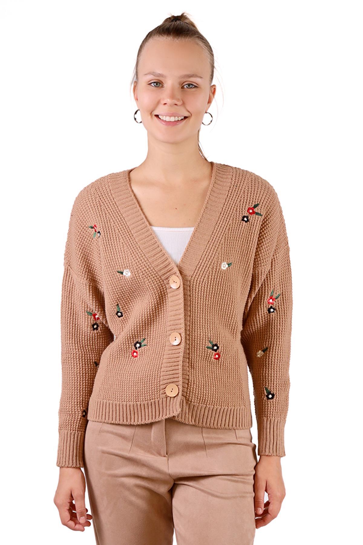 384 Çiçekli Kısa Hırka Camel - 1