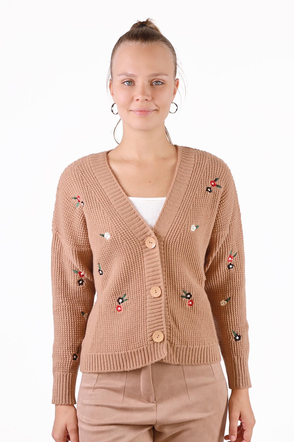 384 Çiçekli Kısa Hırka Camel - 6