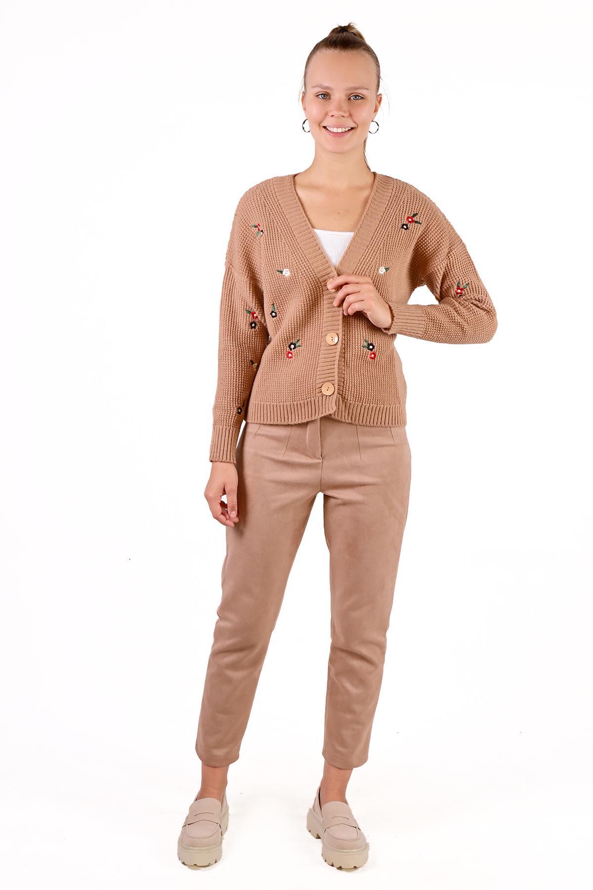 384 Çiçekli Kısa Hırka Camel - 2