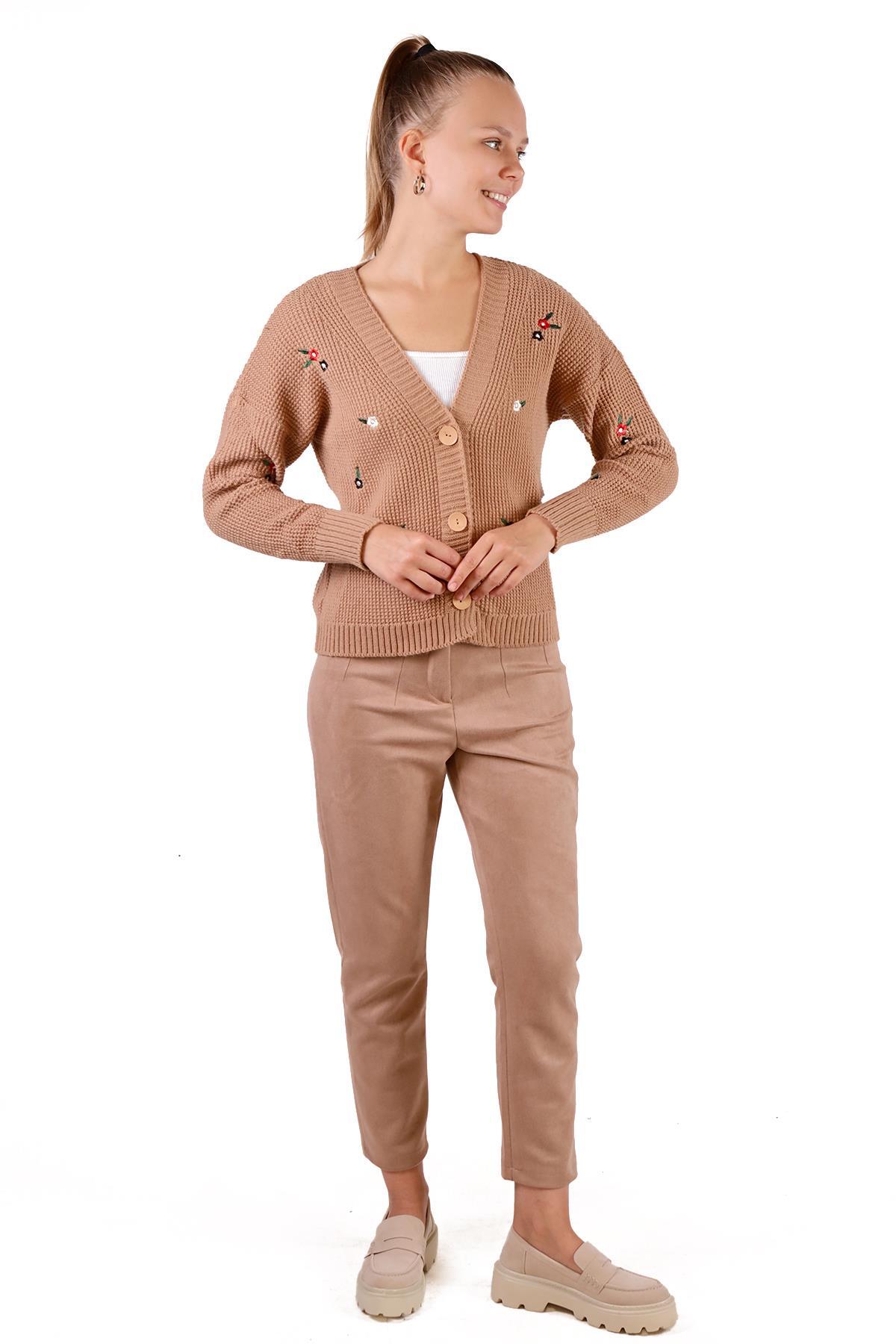 384 Çiçekli Kısa Hırka Camel - 8