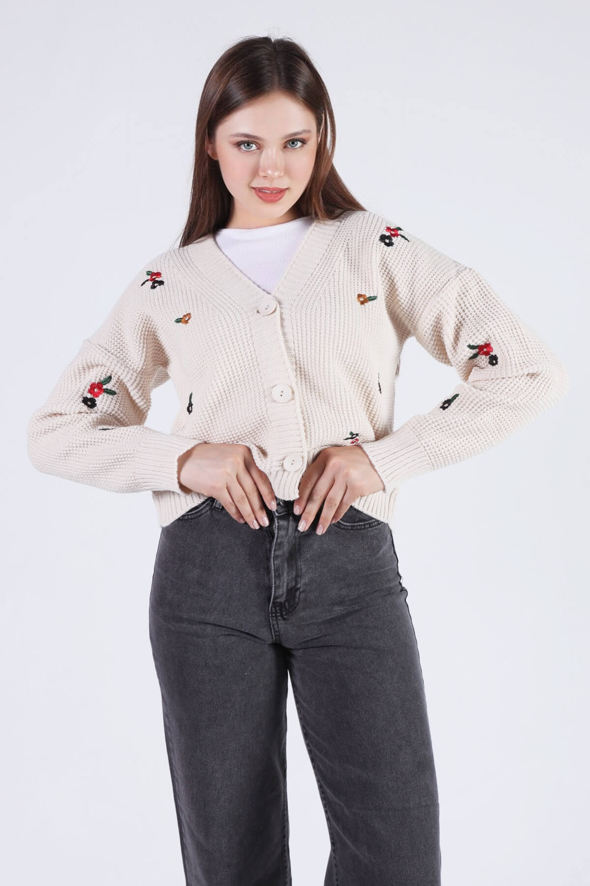 Krem Çiçekli Kısa Hırka 384 - 5