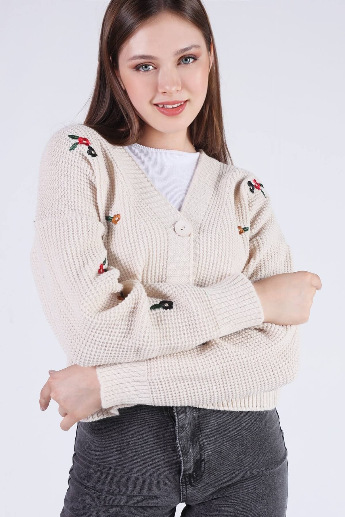 Krem Çiçekli Kısa Hırka 384 - 6