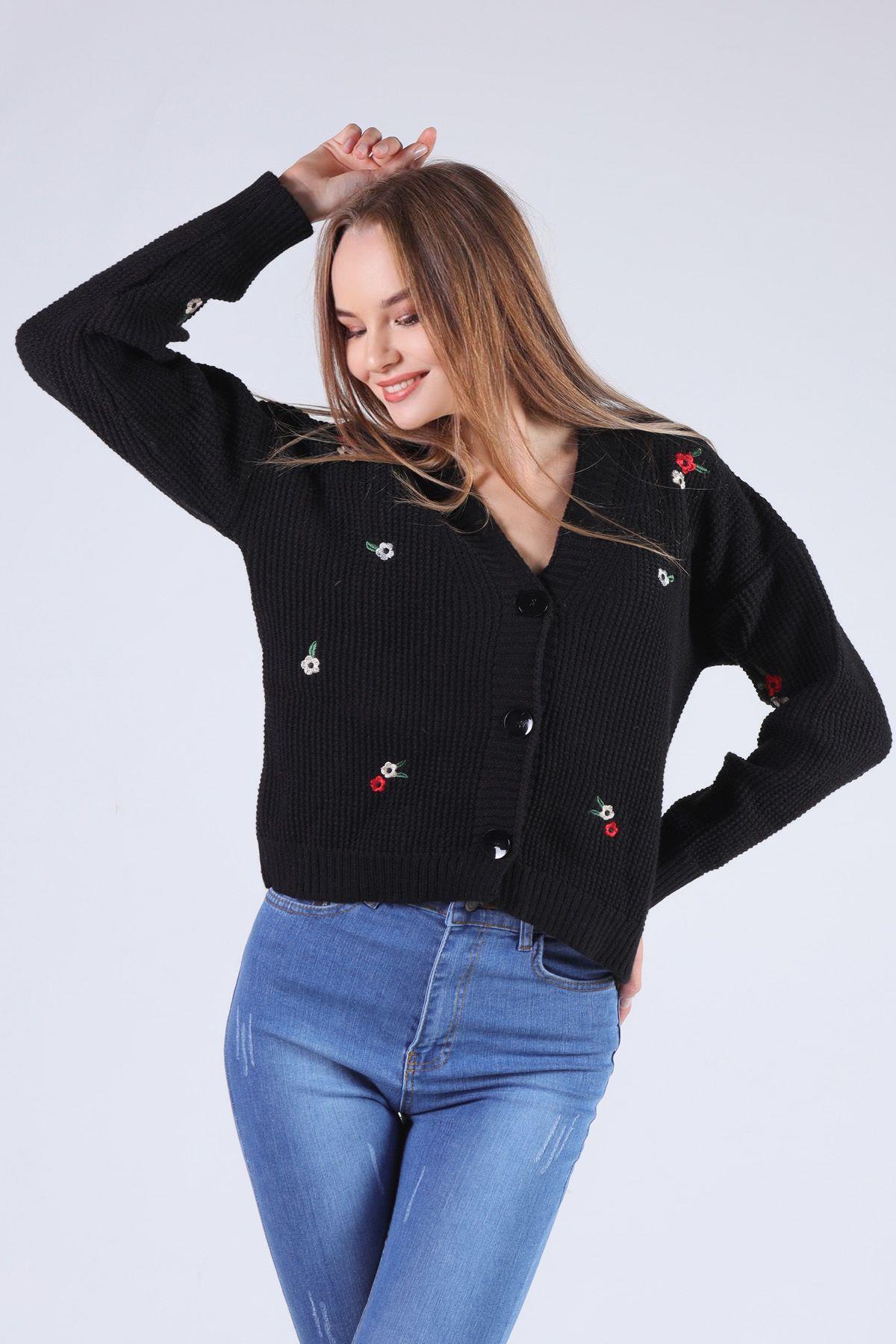 Siyah Çiçekli Kısa Hırka 384 - 1