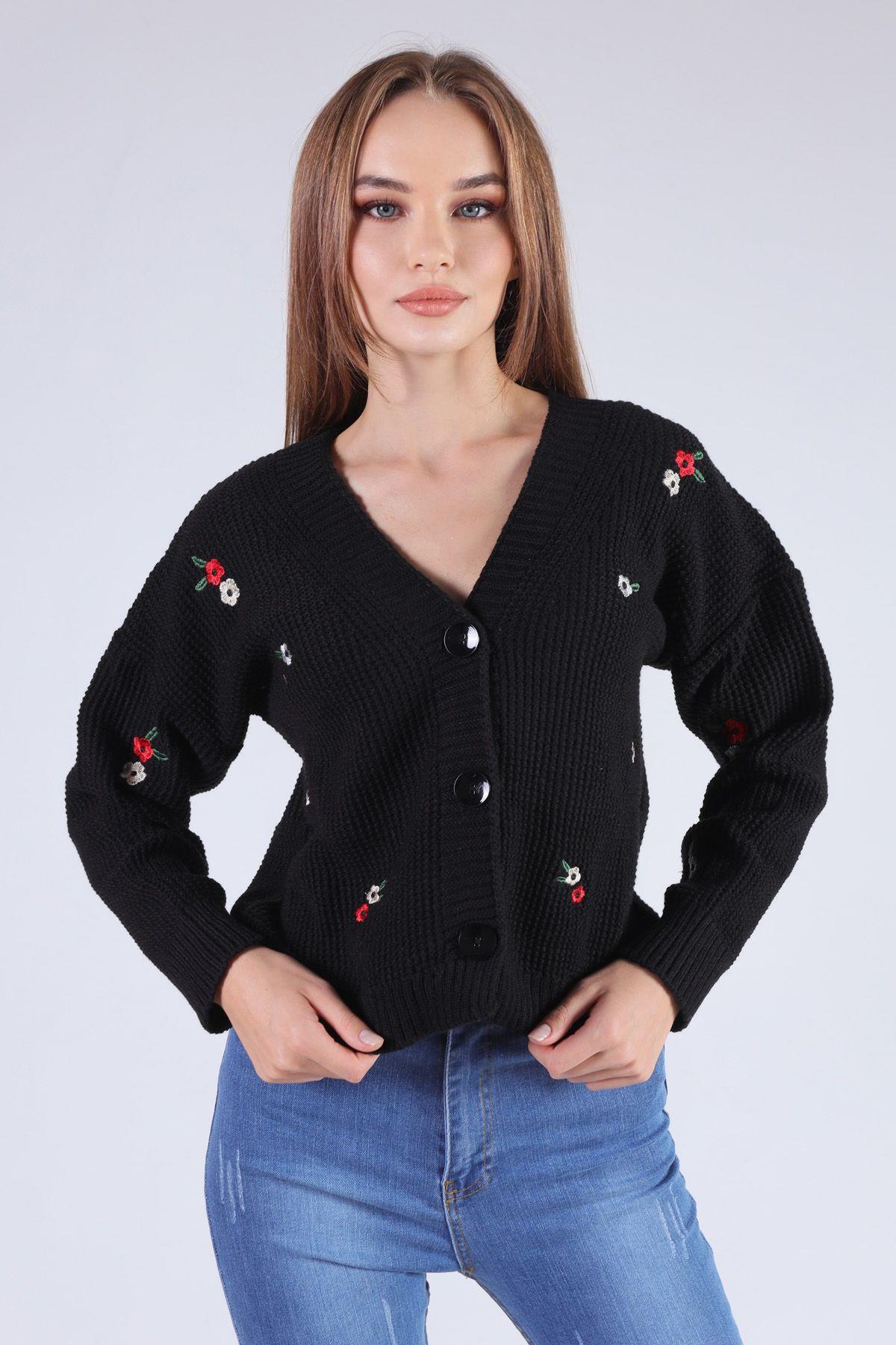 Siyah Çiçekli Kısa Hırka 384 - 2