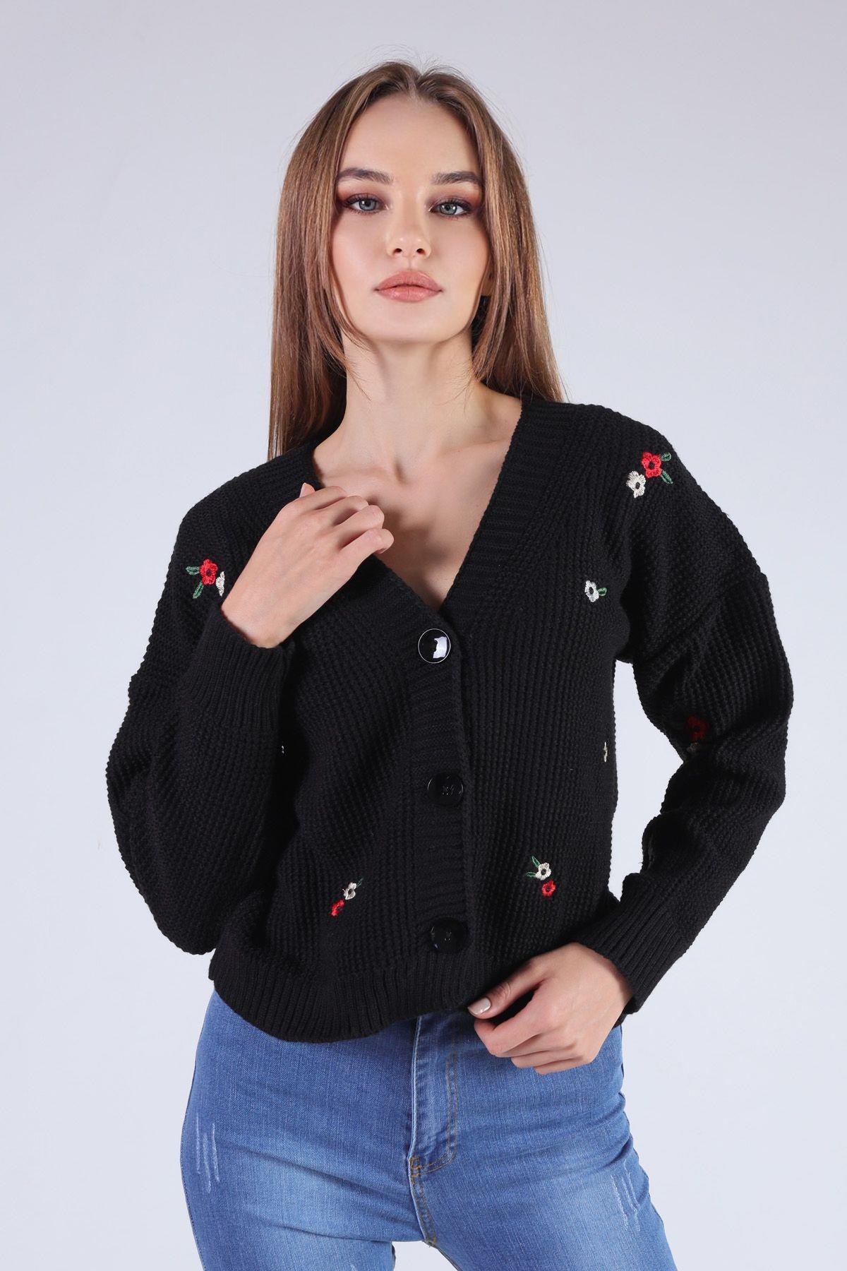 Siyah Çiçekli Kısa Hırka 384 - 3