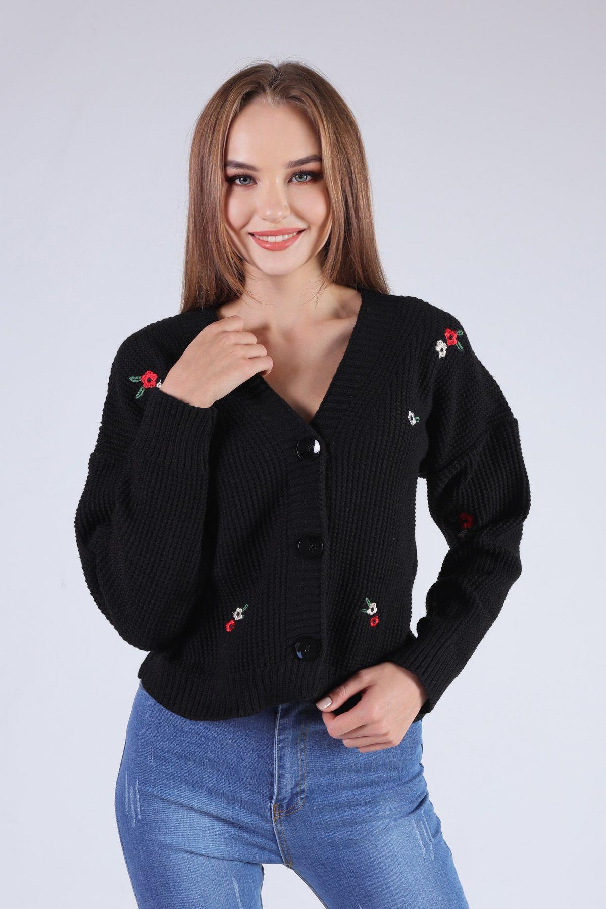 Siyah Çiçekli Kısa Hırka 384 - 4