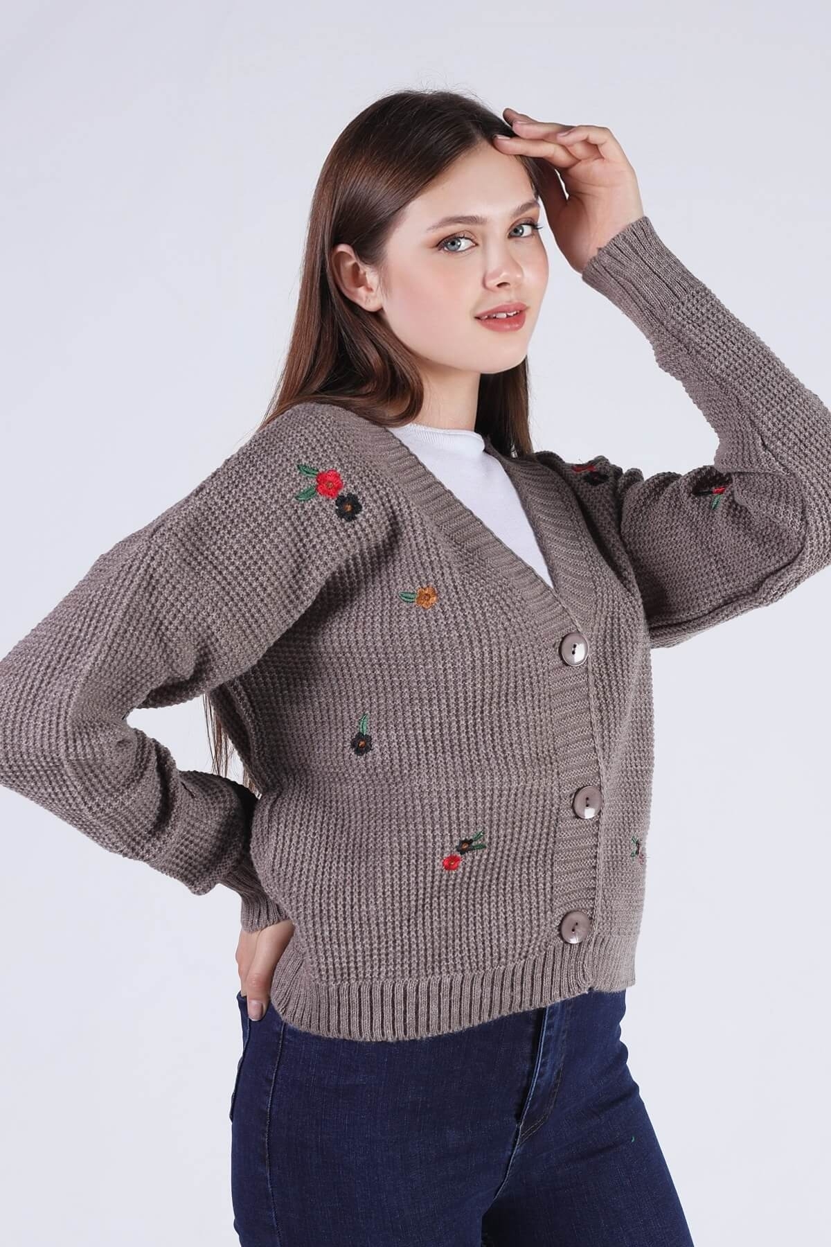 384 Çiçekli Kısa Hırka Vizon - 3