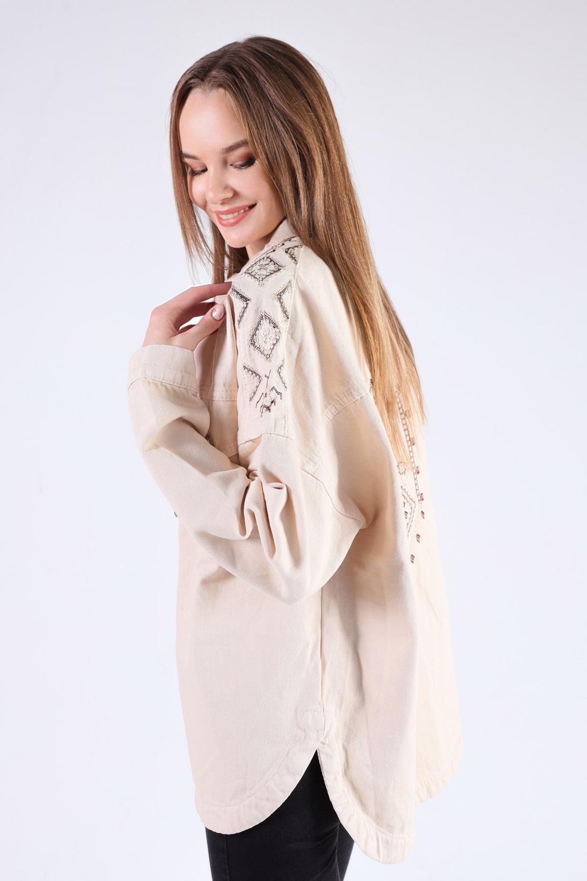 384 Omuz Desenli Gabardin Ceket Bej - 6