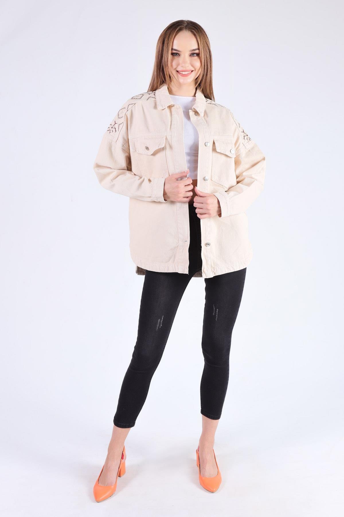 Bej Omuz Desenli Gabardin Ceket 384 - 2