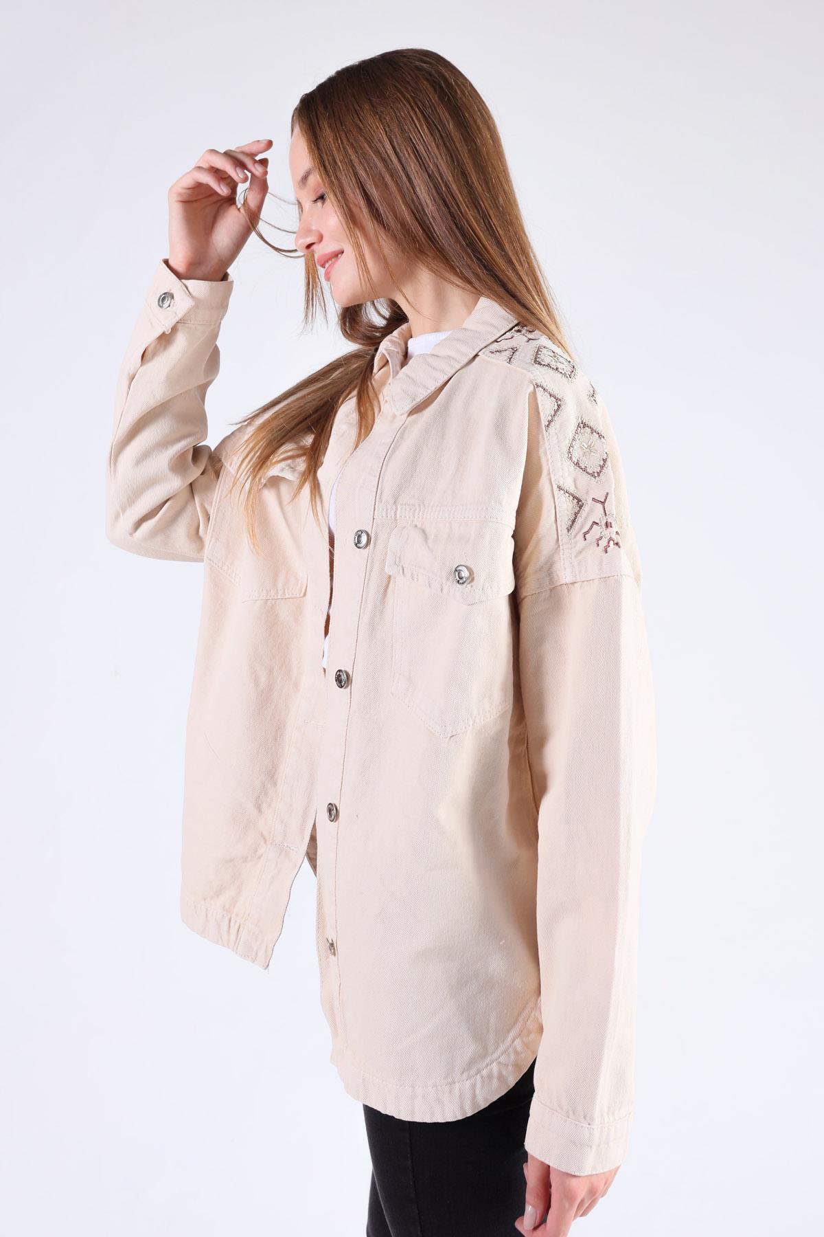 Bej Omuz Desenli Gabardin Ceket 384 - 4