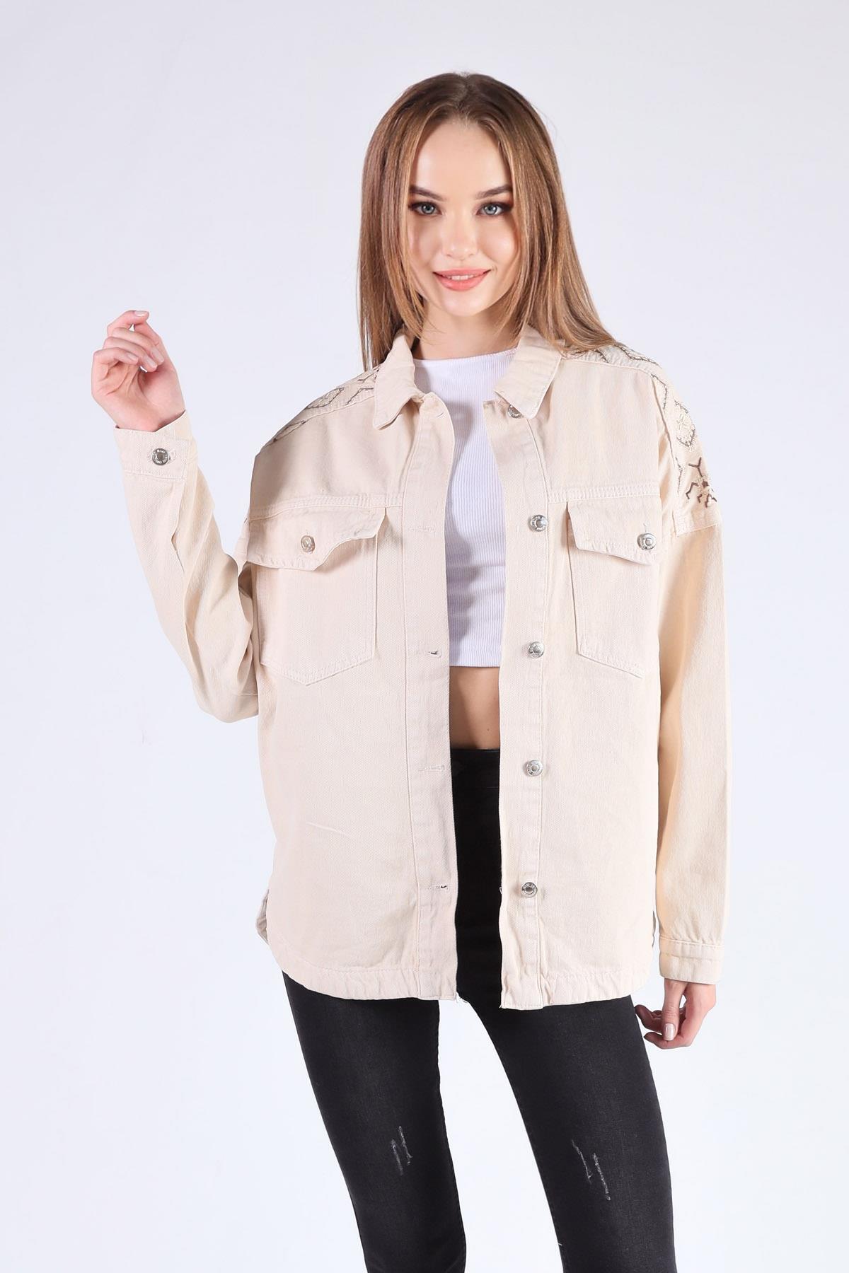 Bej Omuz Desenli Gabardin Ceket 384 - 1