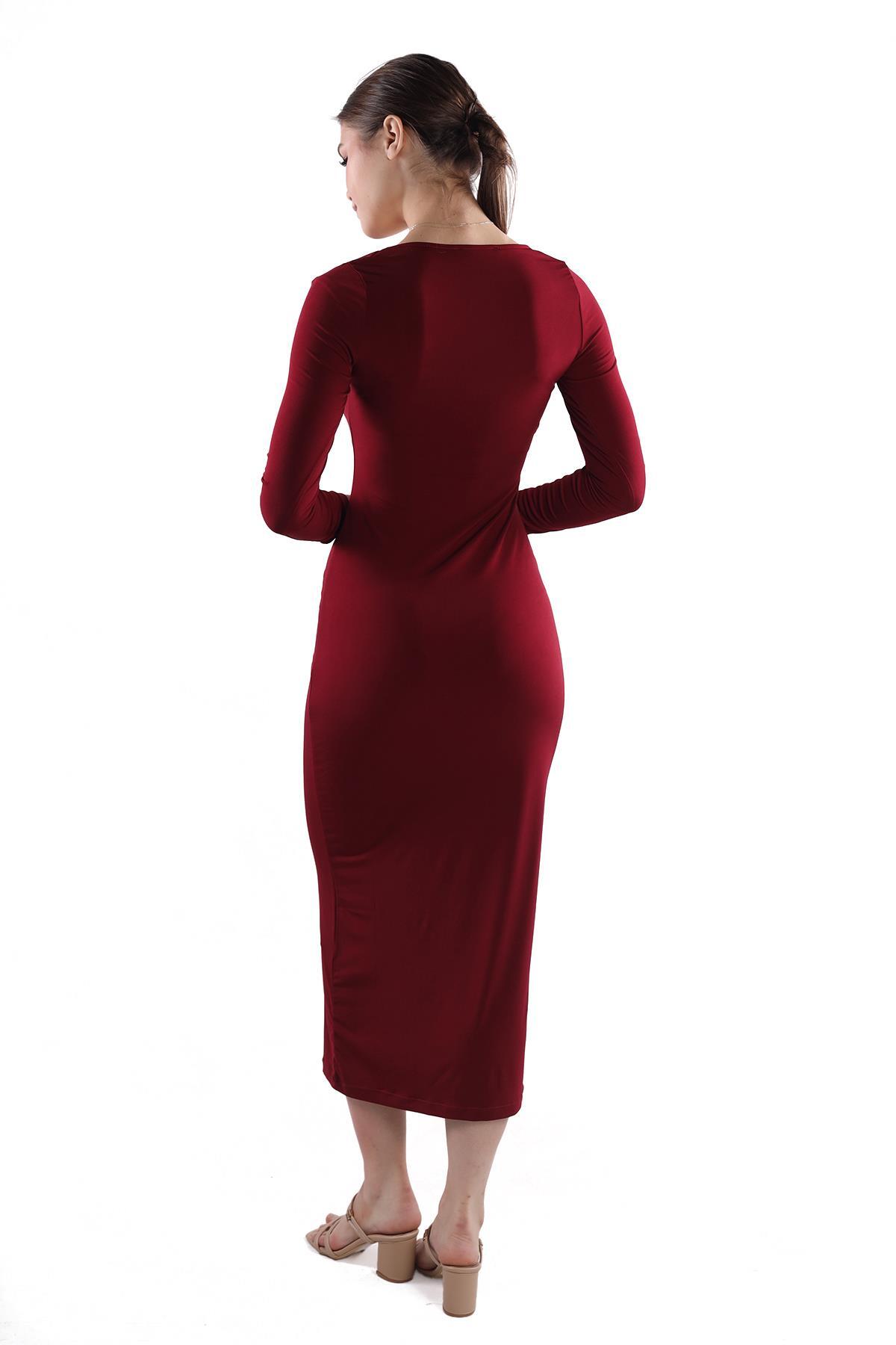 Bordo Kare Yaka Elbise 385 - 5