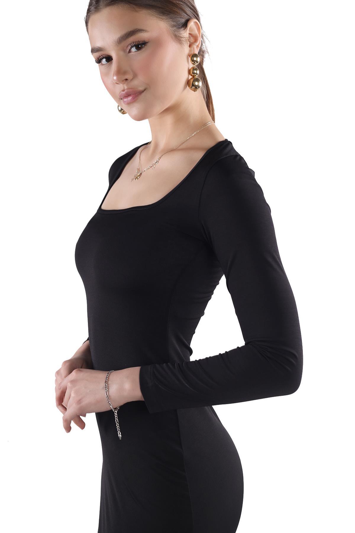 385 Kare Yaka Elbise Siyah - RAYS