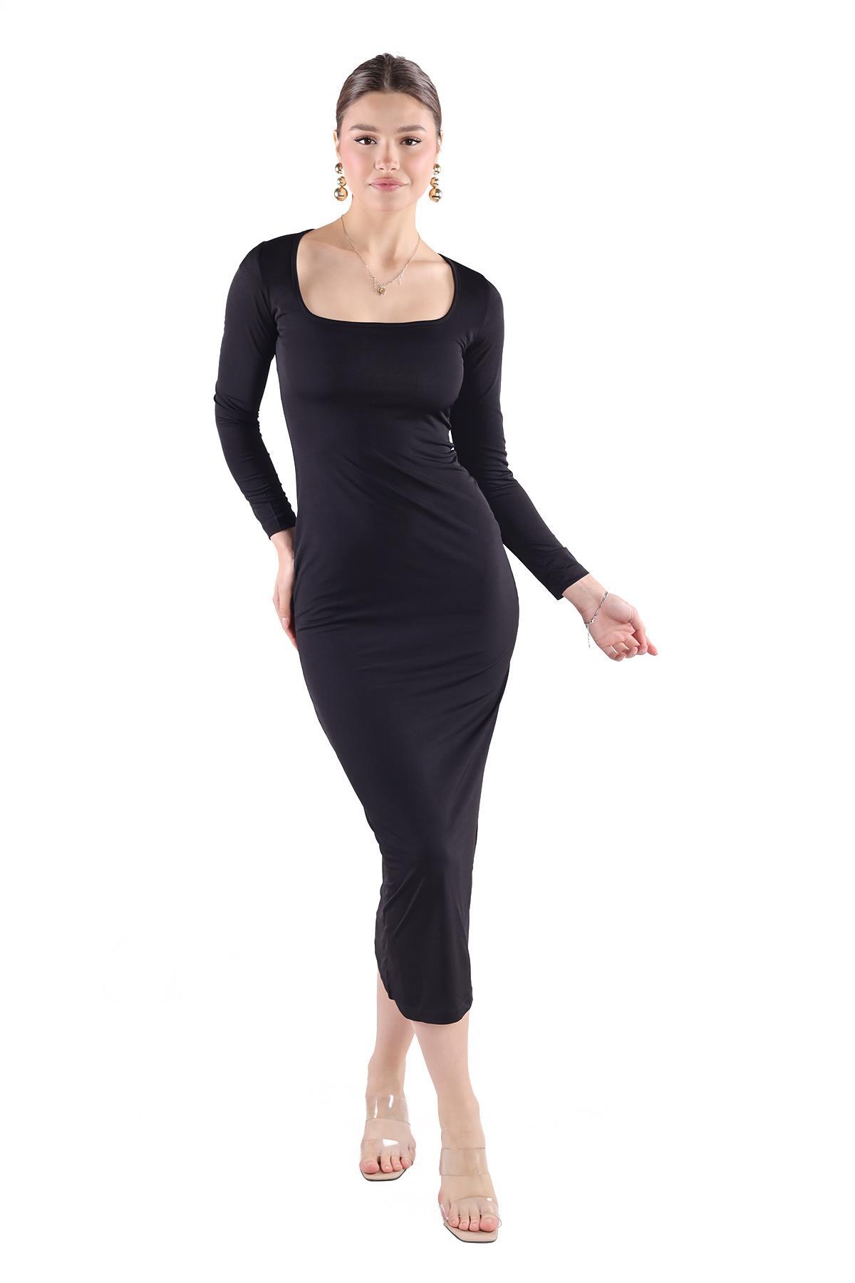 Siyah Kare Yaka Elbise 385 