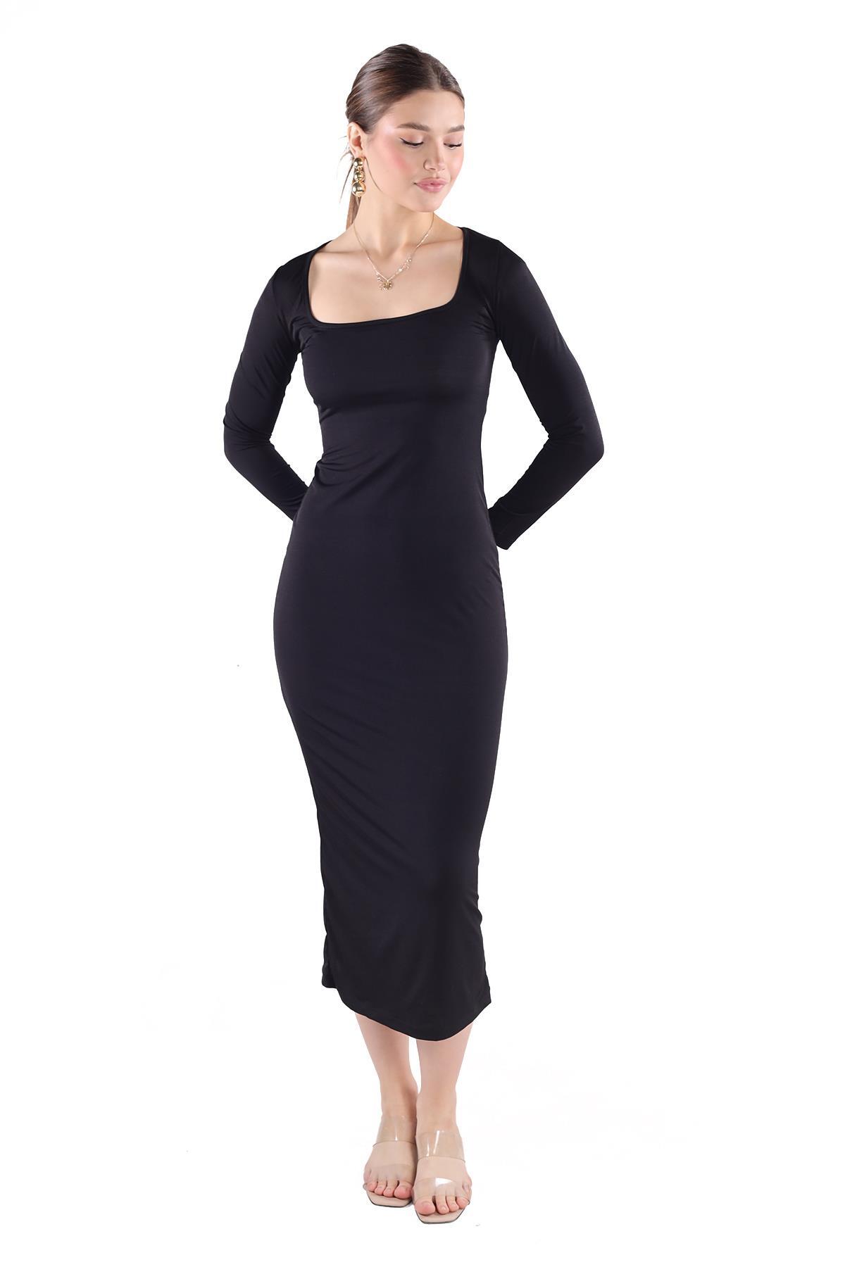 Siyah Kare Yaka Elbise 385 - 6