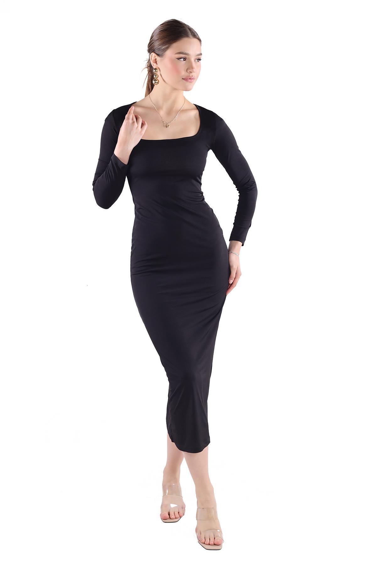 Siyah Kare Yaka Elbise 385 - 7