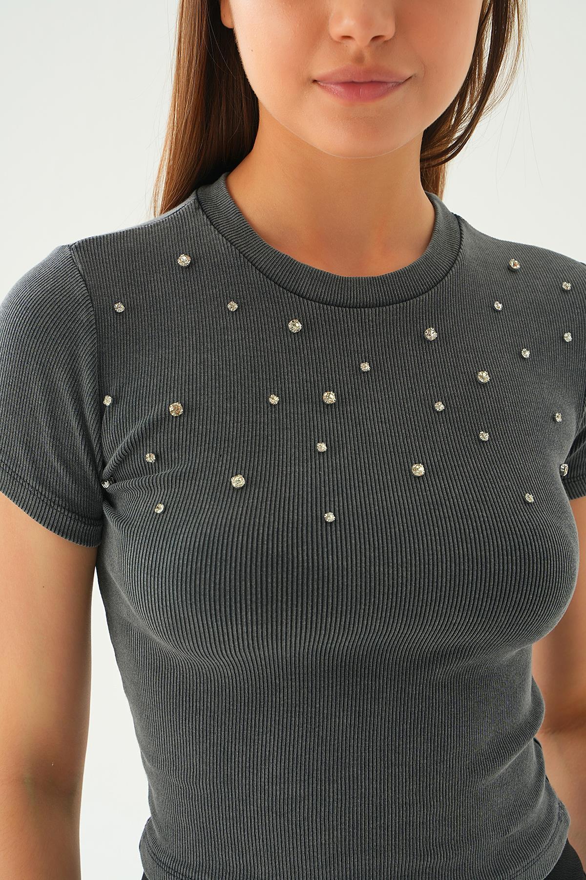 3880 Taş Detay Tişört Antrasit - 3