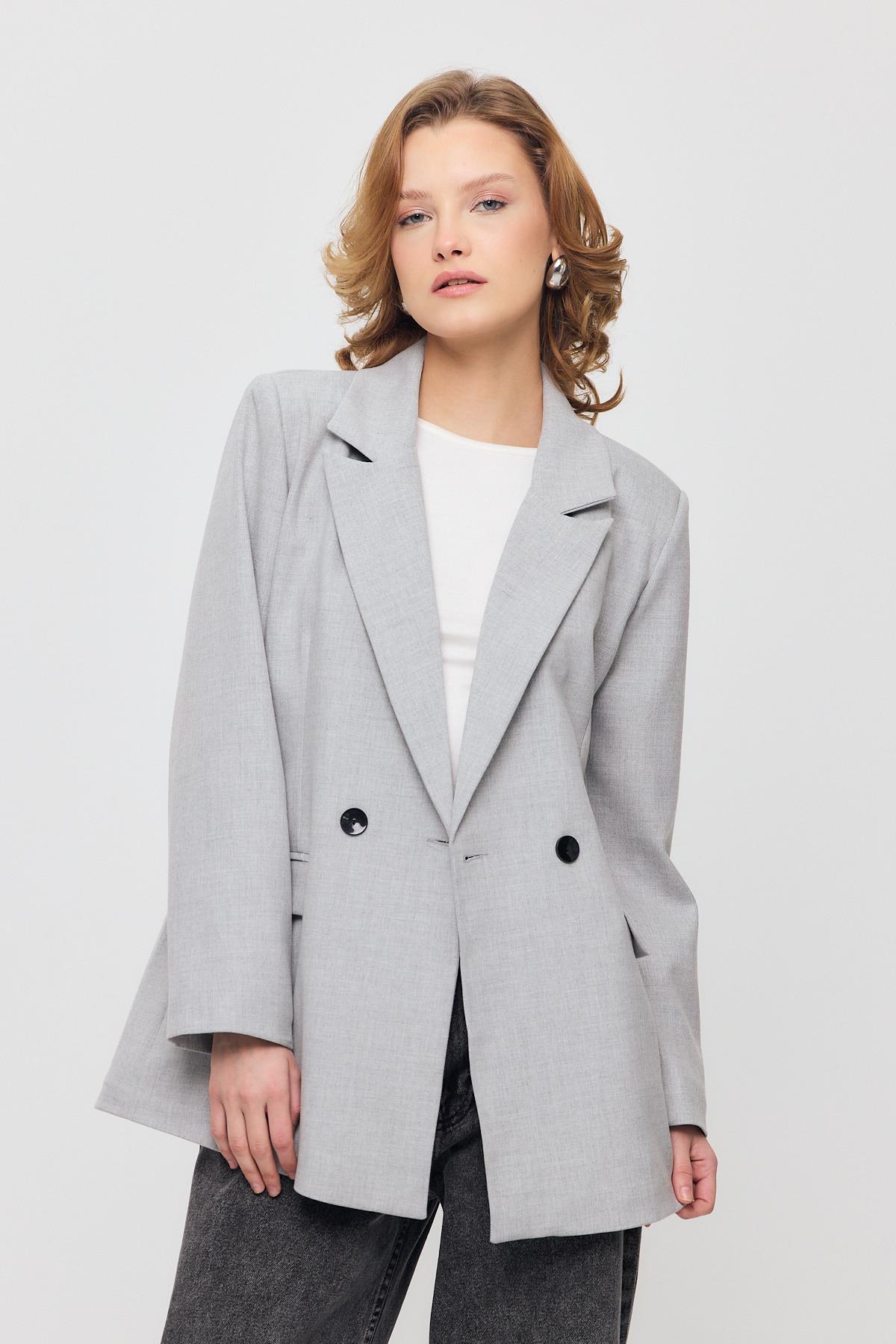 3882 Çift Düğme Cep Kapaklı Ceket Açık Gri - RAYS