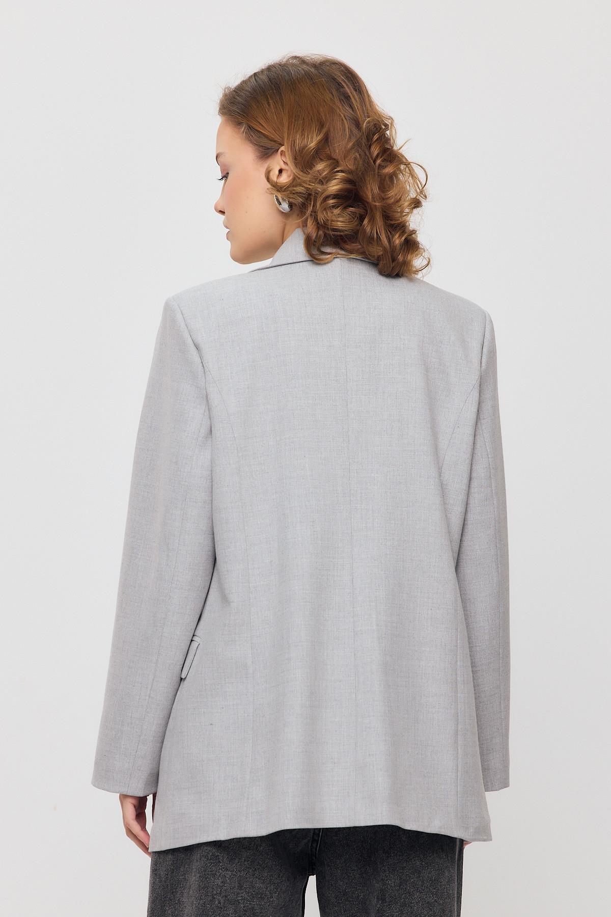 3882 Çift Düğme Cep Kapaklı Ceket Açık Gri - 5