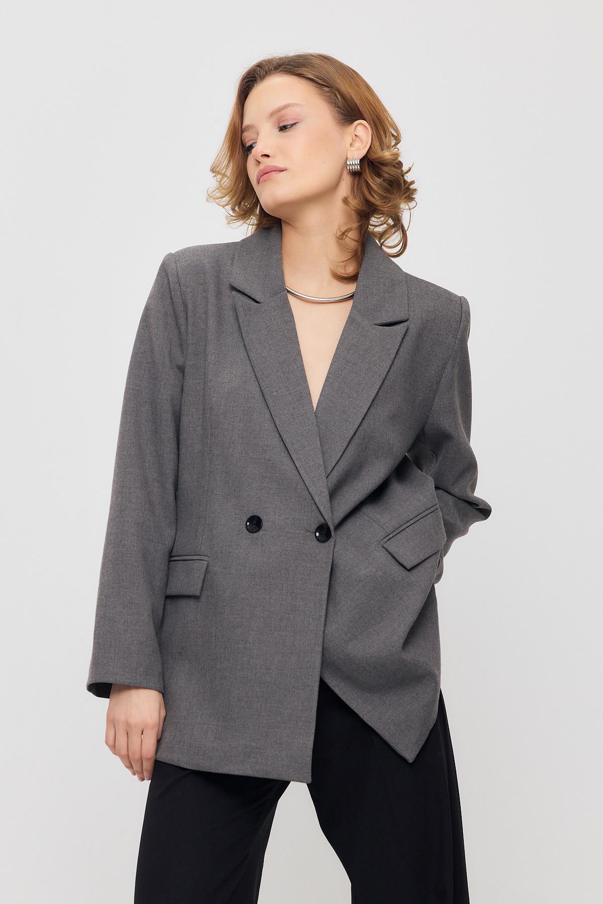 3882 Çift Düğme Cep Kapaklı Ceket Gri - RAYS