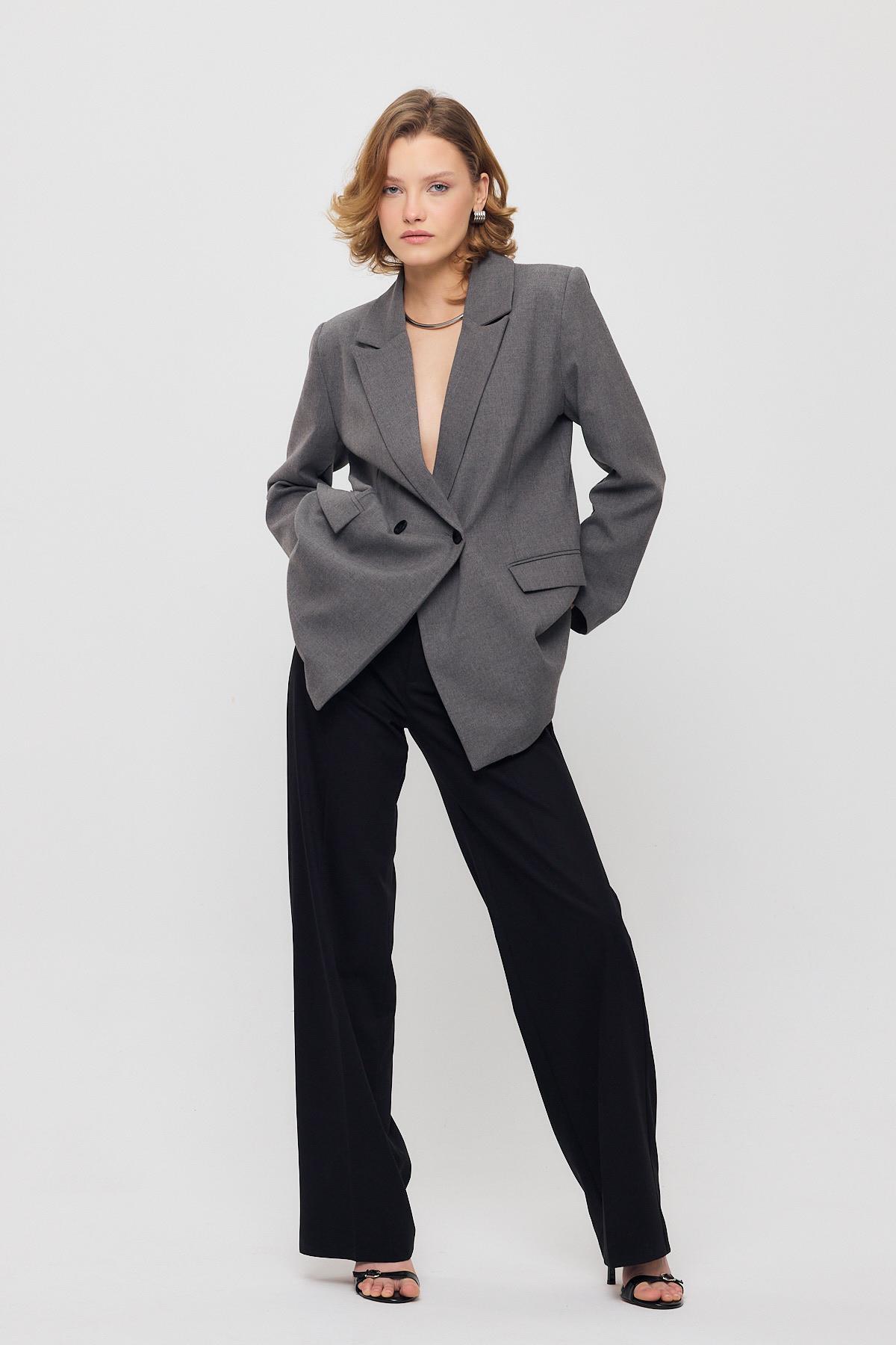 3882 Çift Düğme Cep Kapaklı Ceket Gri 