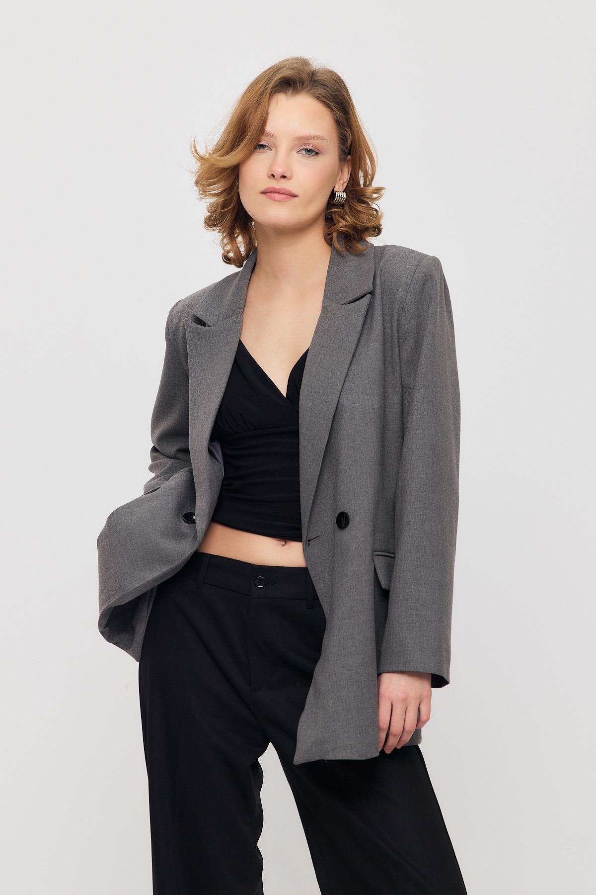 Gri Çift Düğme Cep Kapaklı Ceket 3882 - 3