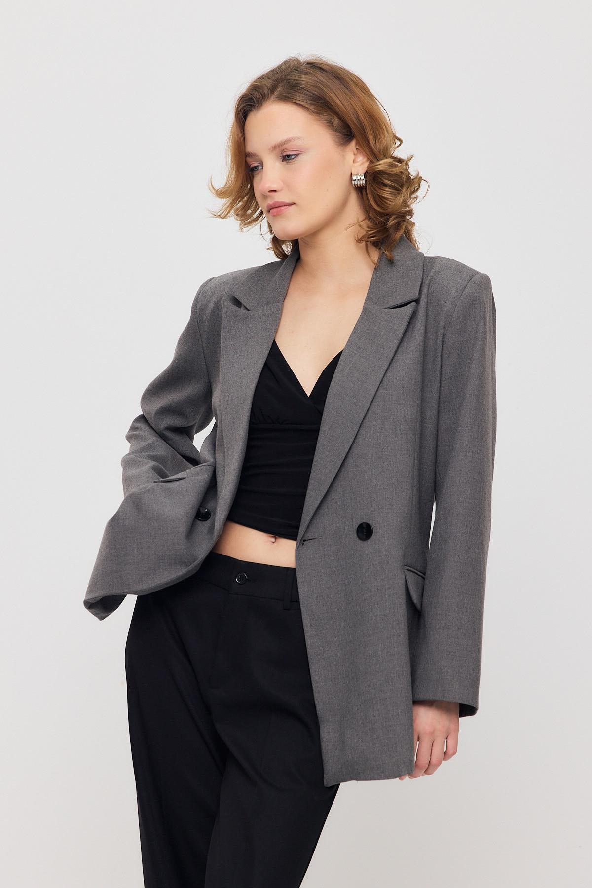 Gri Çift Düğme Cep Kapaklı Ceket 3882 - 8