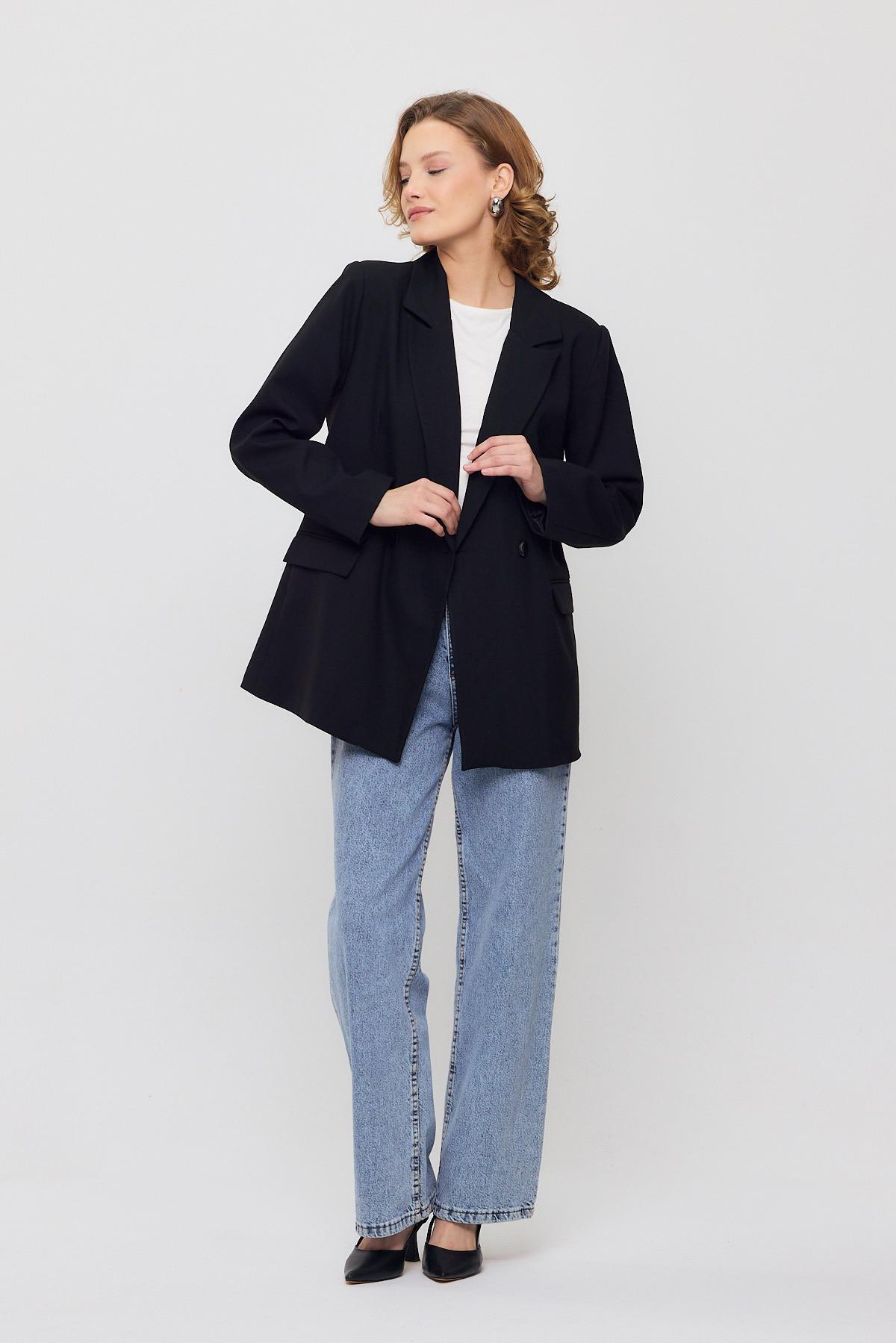 3882 Çift Düğme Cep Kapaklı Ceket Siyah - 8
