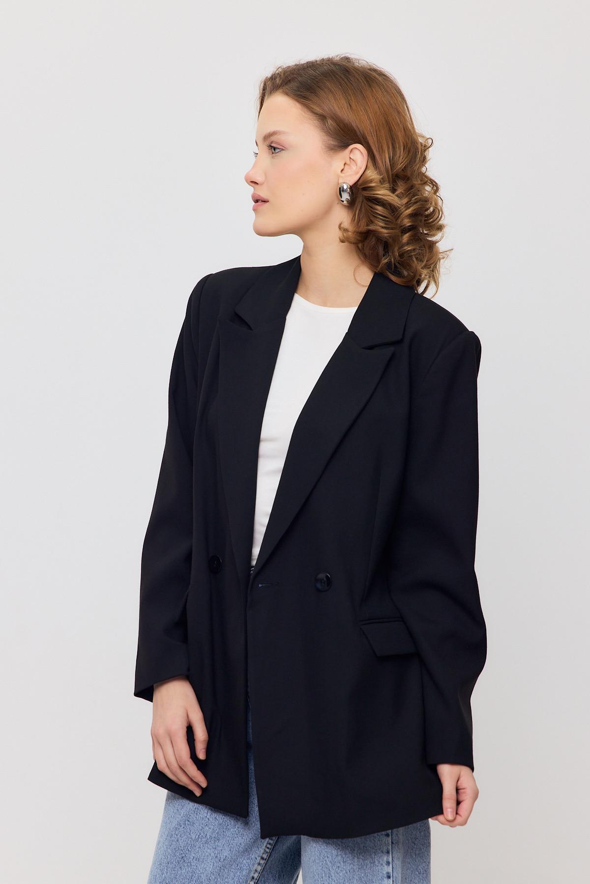 3882 Çift Düğme Cep Kapaklı Ceket Siyah - 7