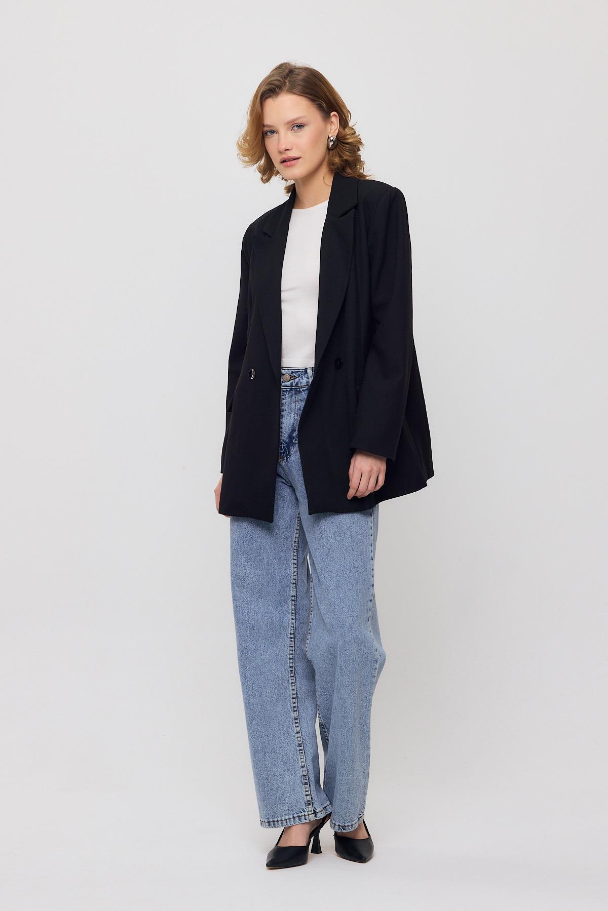 3882 Çift Düğme Cep Kapaklı Ceket Siyah - 3