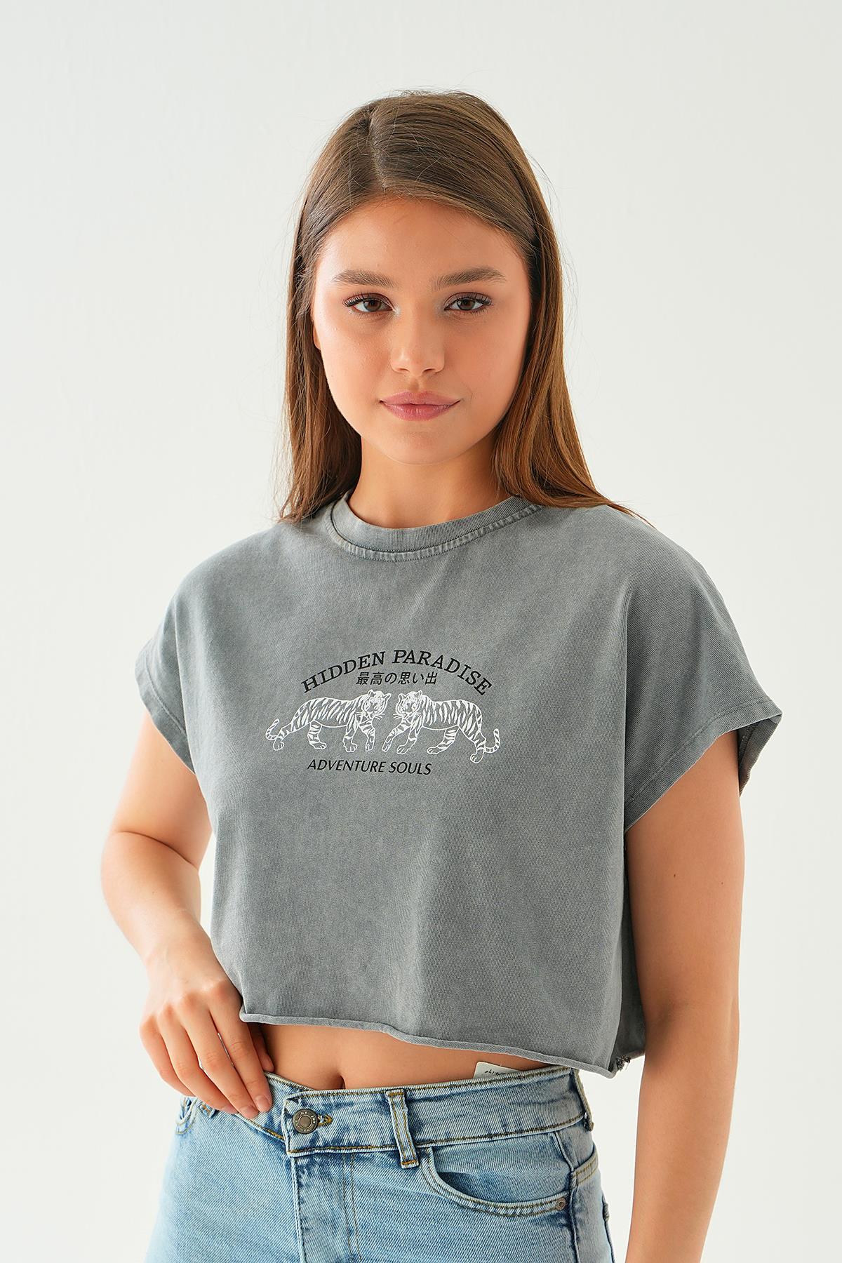 Antrasit Kaplan Baskı Oversize Kısa Tişört 3887 - 1