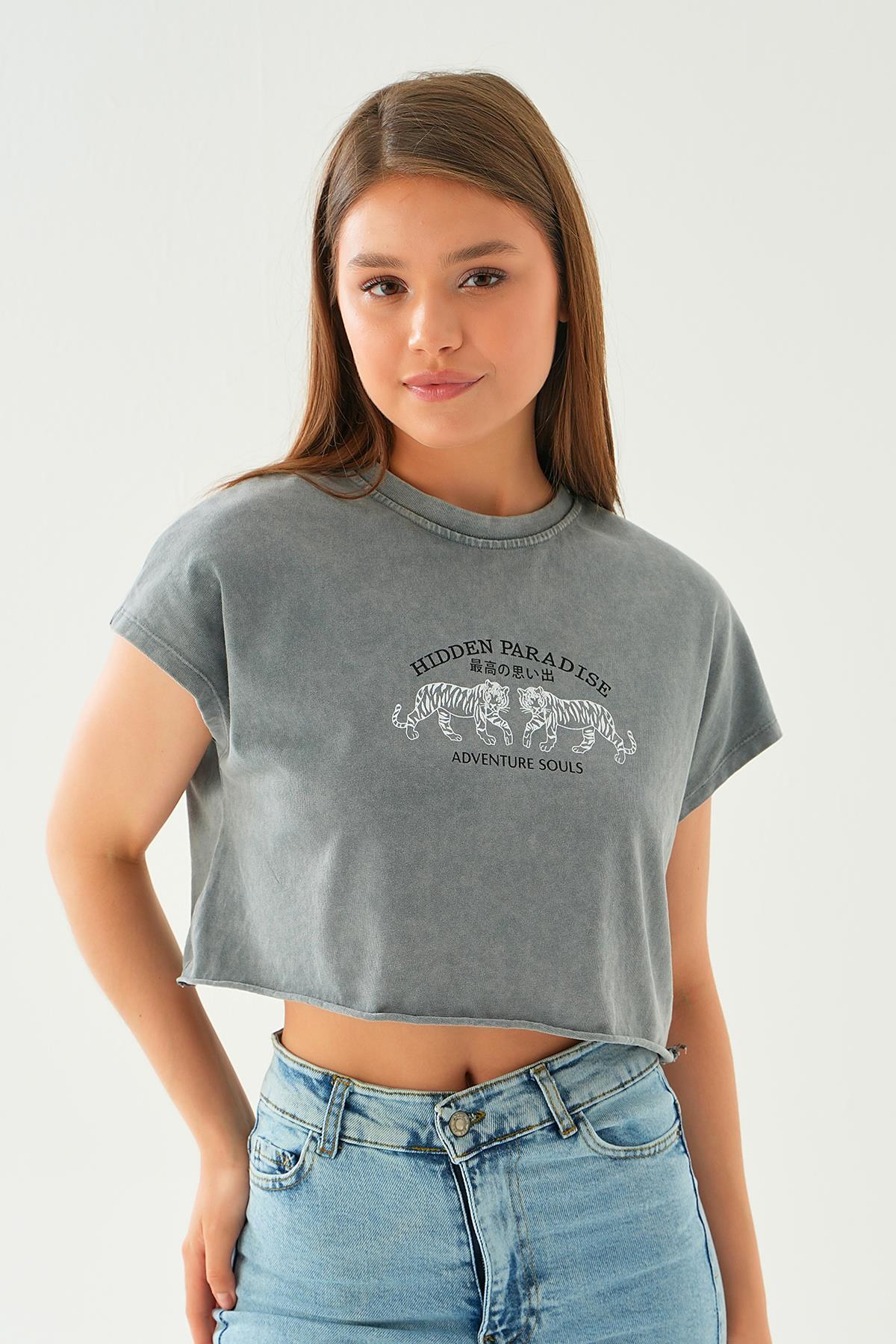 Antrasit Kaplan Baskı Oversize Kısa Tişört 3887 - 2