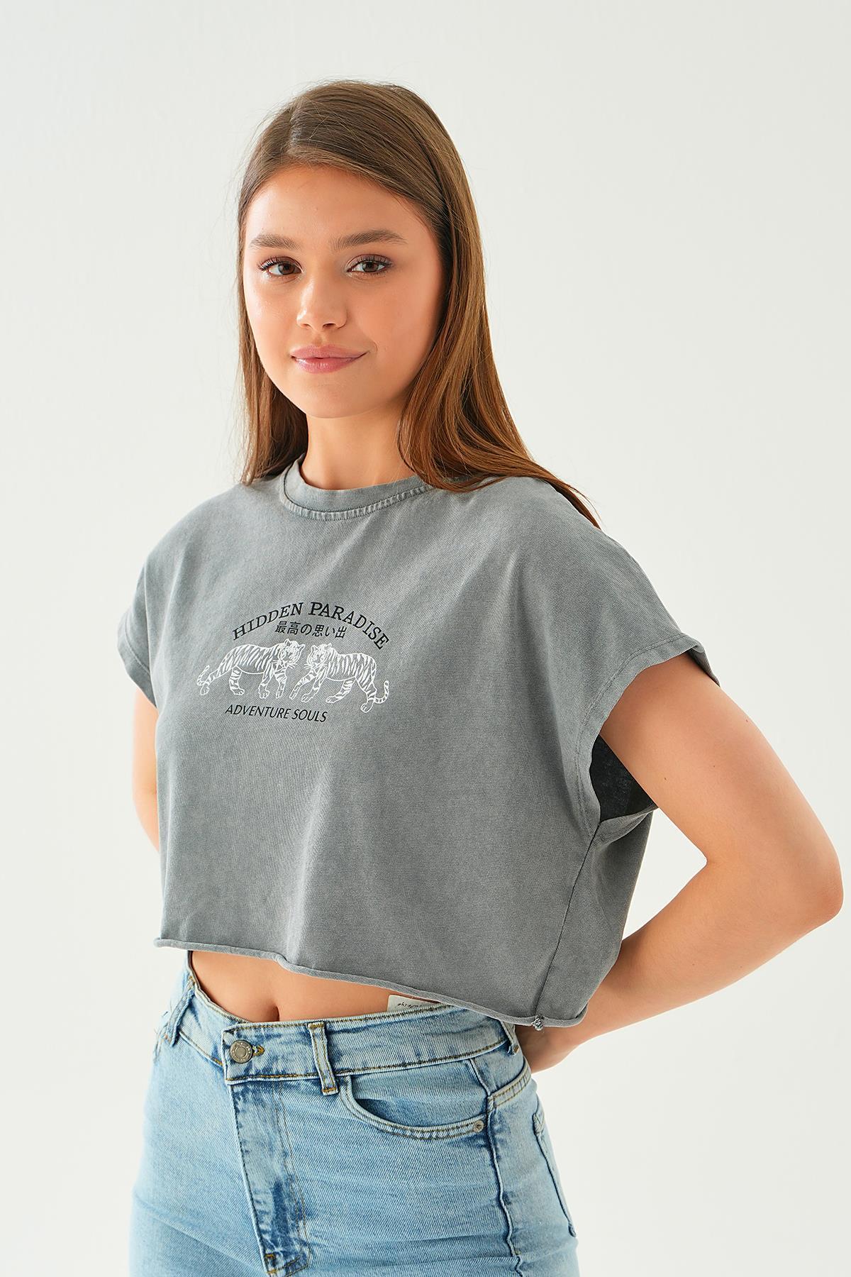 Antrasit Kaplan Baskı Oversize Kısa Tişört 3887 - 3