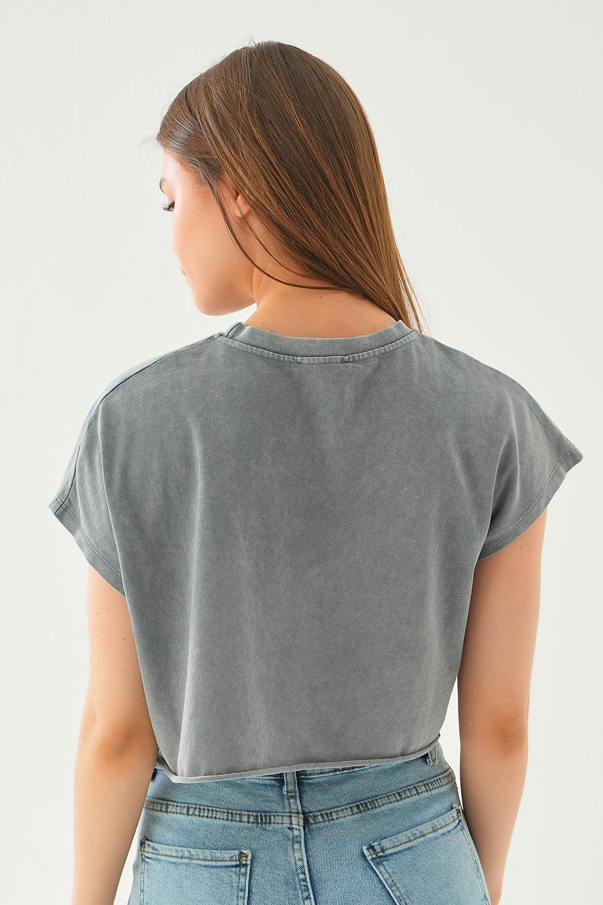 Antrasit Kaplan Baskı Oversize Kısa Tişört 3887 - 4