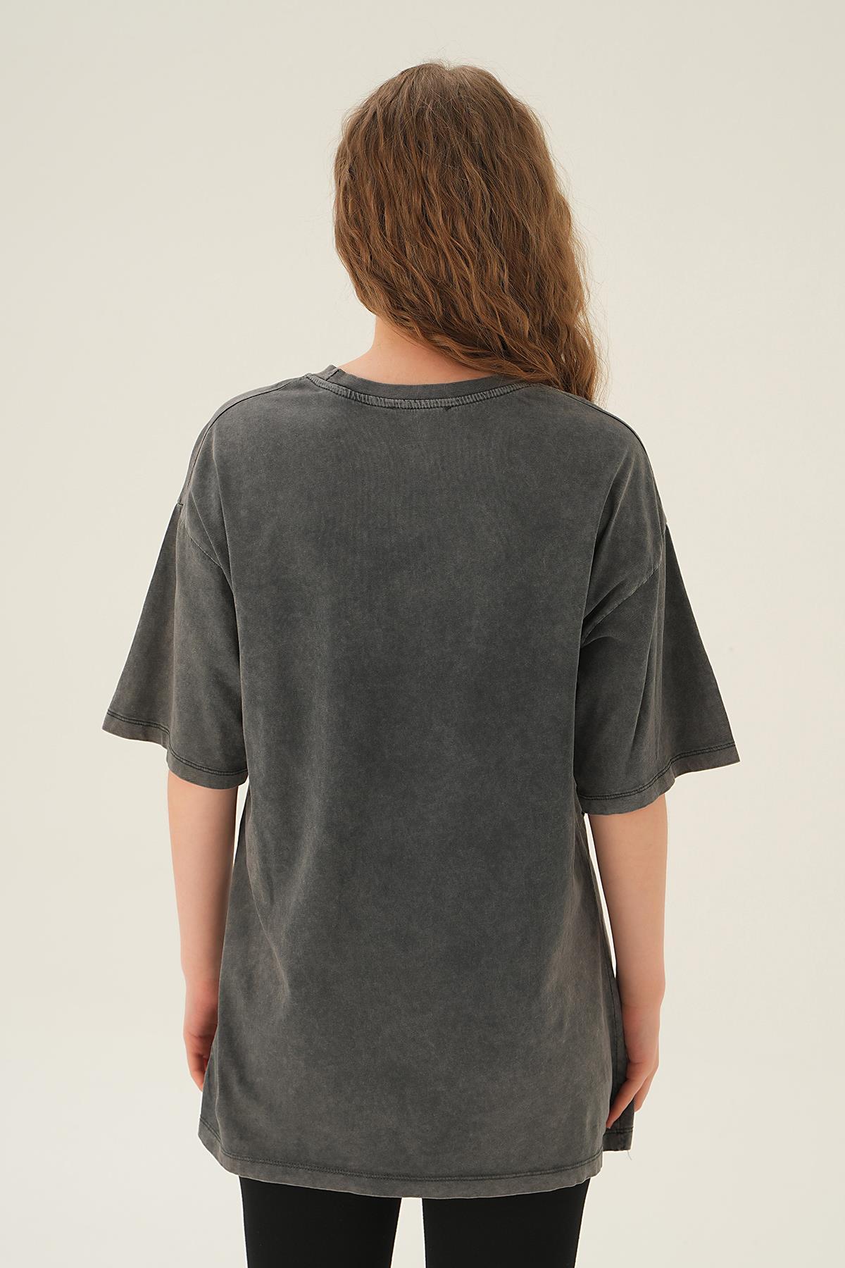 3905 Broklyn Baskı Oversize Tişört Antrasit - 4
