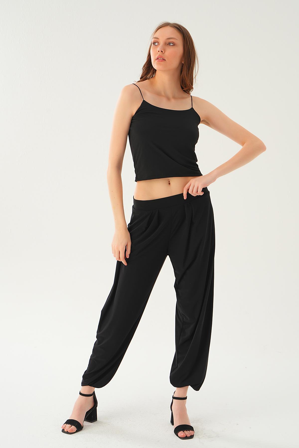 Siyah Paça Lastik Balon Pantolon 3914 