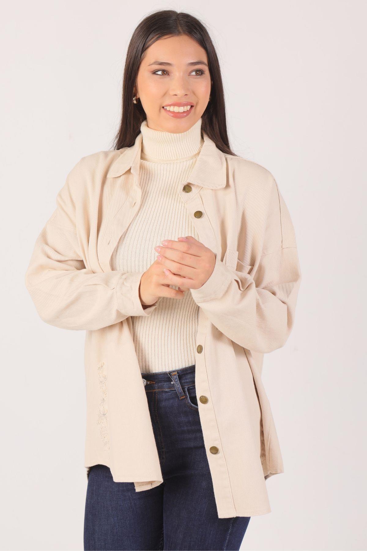 3937 Yırtık Detay Gabardin Ceket Taş 