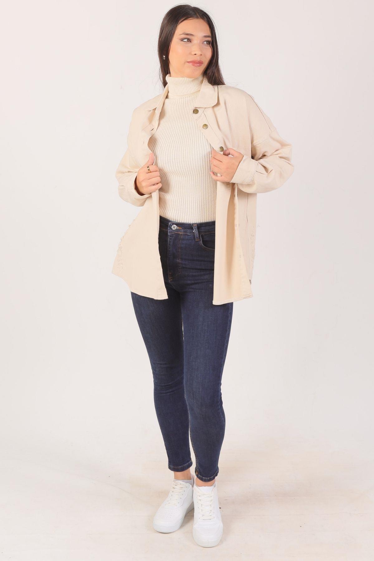 3937 Yırtık Detay Gabardin Ceket Taş - 4