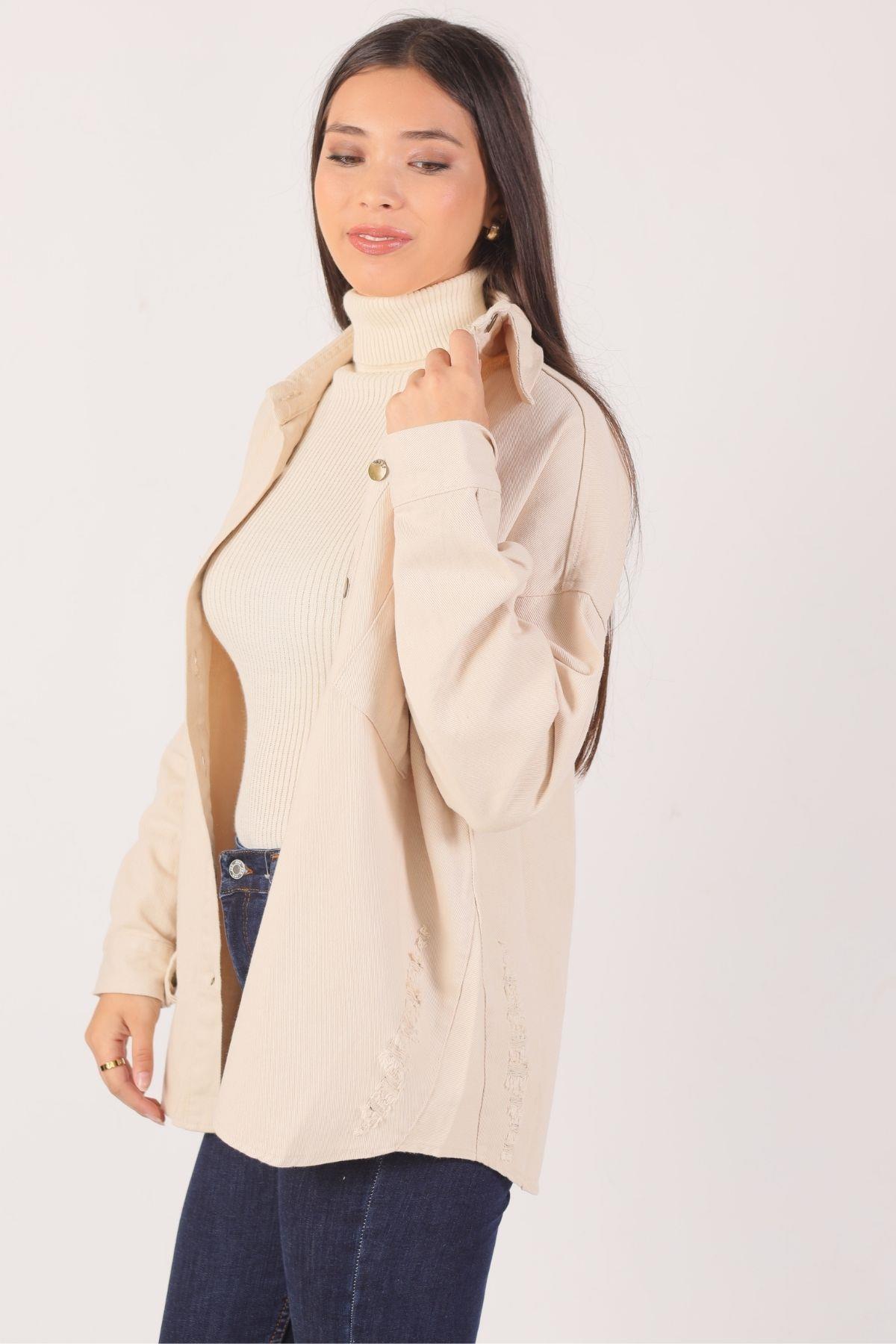 Taş Yırtık Detay Gabardin Gömlek 3937 - 2