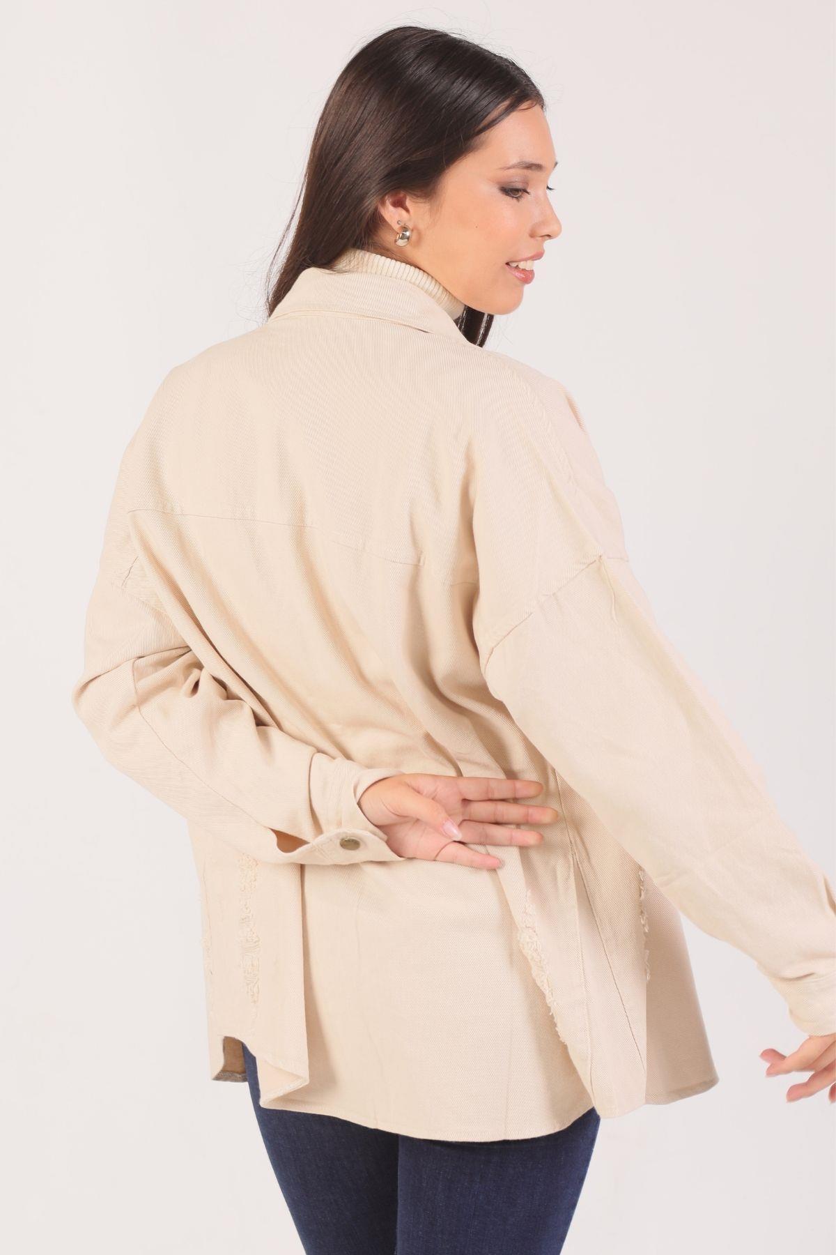 Taş Yırtık Detay Gabardin Gömlek 3937 - 3