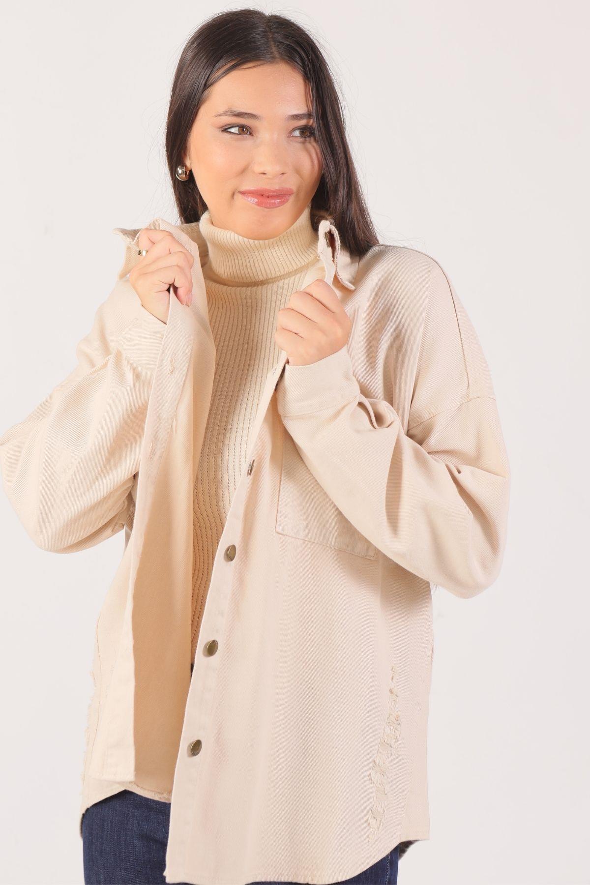 Taş Yırtık Detay Gabardin Gömlek 3937 - 5