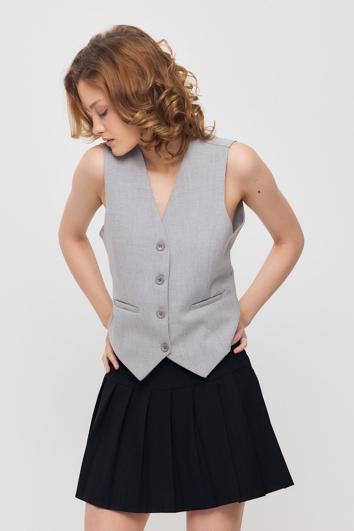 3953 Bel Kemer Detay Yelek Açık Gri - 7